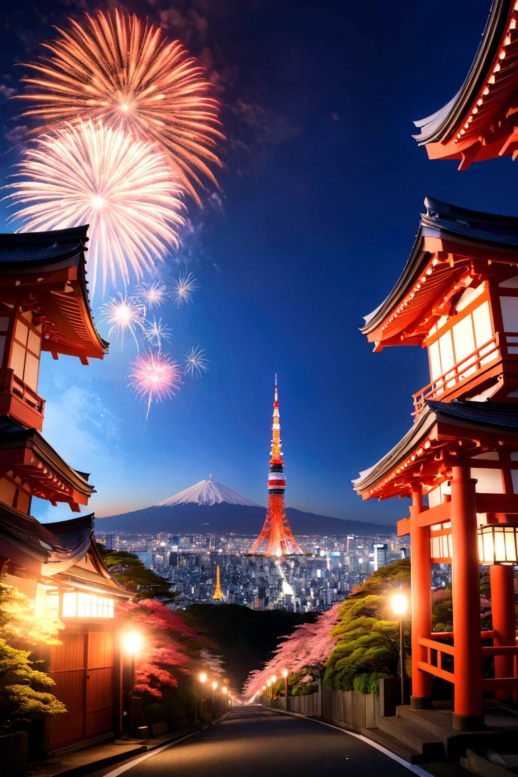 firework、Fuji Mountain、torii、blue sky、Tokyo Tower