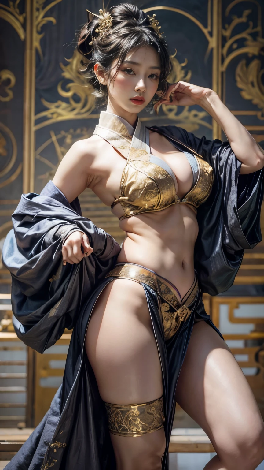 Geisha in Neo-Classical style, with gold and indigo idealized beauty, gigantic cleavage breasts,