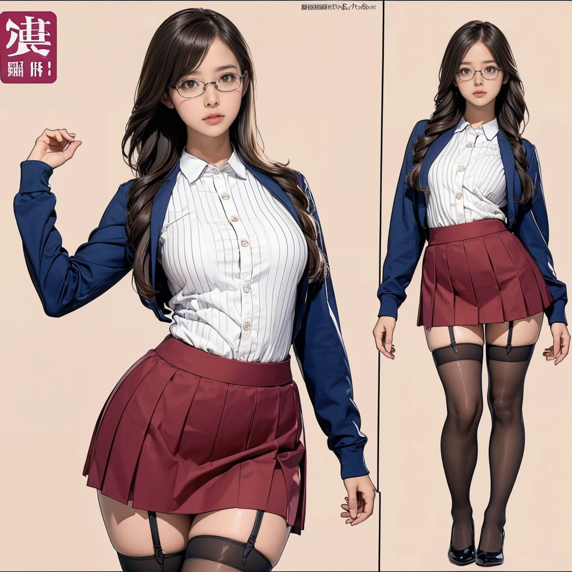 ((masterpiece)),(((highest quality))),((Reference Sheet, Character Design, in front, looking at the viewer , girl with glasses 6yo, ~ ~ in front posing, Mr..々Hairstyle, Mr..々Performance, Facial Expressions)), 6-year-old girl in mini skirt, Cute type, (curvy:1.4), (slim body:1.4), Realistic buttocks, cute girl , thick thighs, Long legs, It's not a big deal, ((High quality fabric, mini skirt, panties, , stockings)), ((school room:1.0))