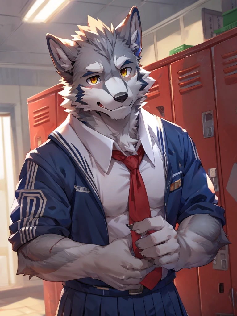 embedding:Gray wolf,Golden Eyes，Single Person,a scar on the face.Gray fur，High school students,Chinese school uniform,Scratch head,Standing by the school locker,Nervous,With his school uniform jacket in his hand,Male.Handsome,Smart,Best quality hands, best quality eye，detailed fur，Delicate eyes.Extreme picture quality，by sollyz,by zixiong,by null_ghost