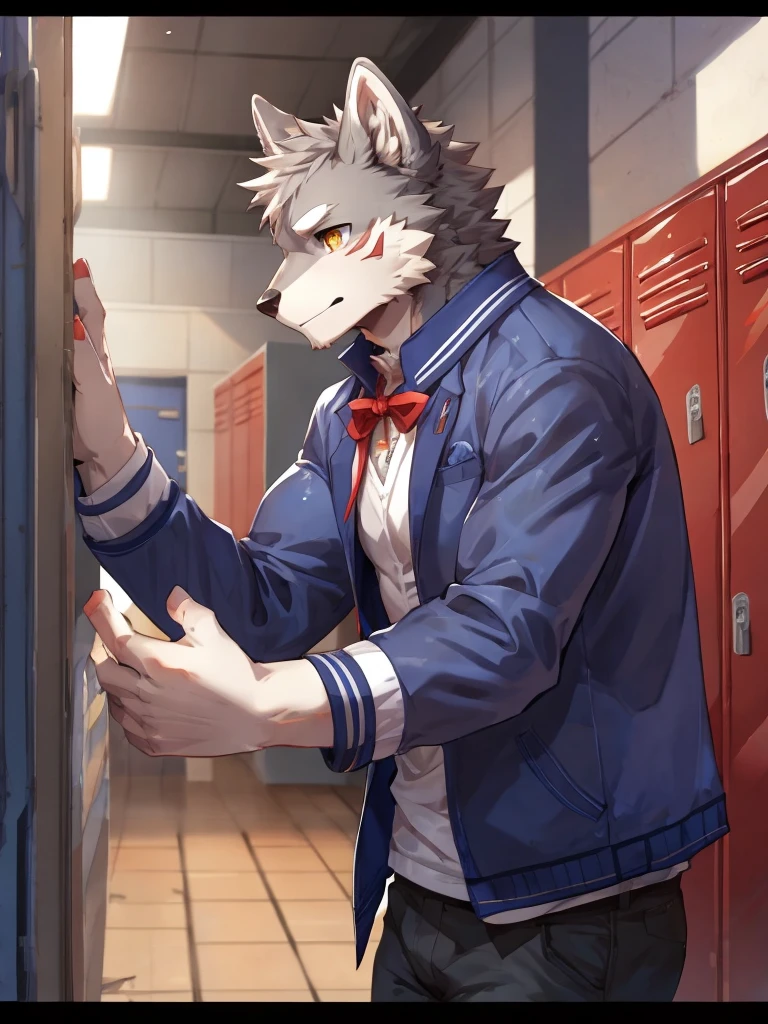 embedding:Gray wolf,Golden Eyes,Single Person,a scar on the face.Gray fur,High school students,Chinese school uniform,Scratch head,Standing by the school locker,Nervous,With his school uniform jacket in his hand,Male.Handsome,Smart,Best quality hands, best quality eye,detailed fur,Delicate eyes.Extreme picture quality,by sollyz,by zixiong,by null_ghost