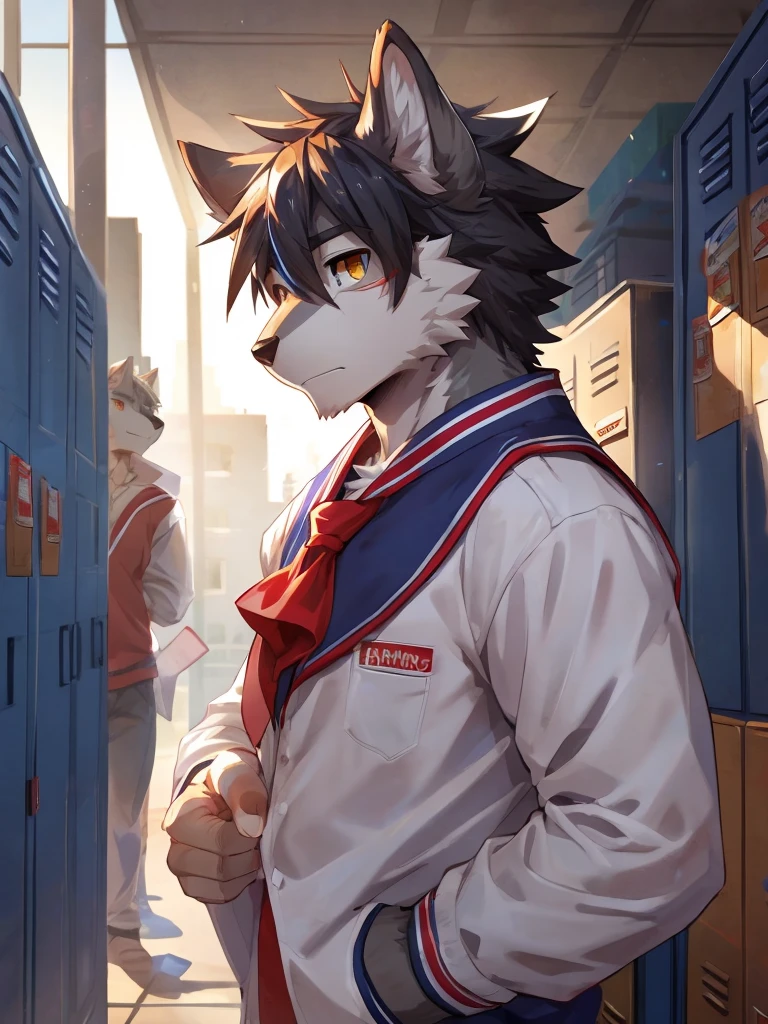 embedding:Gray wolf,Golden Eyes,Single Person,a scar on the face.Gray fur,High school students,Chinese school uniform,Scratch head,Standing by the school locker,Nervous,With his school uniform jacket in his hand,Male.Handsome,Smart,Best quality hands, best quality eye,detailed fur,Delicate eyes.Extreme picture quality,by sollyz,by zixiong,by null_ghost