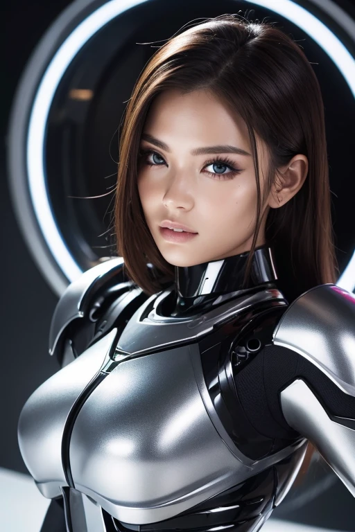 Super high quality. Beautiful female cyborg. Glossy metallic exterior.