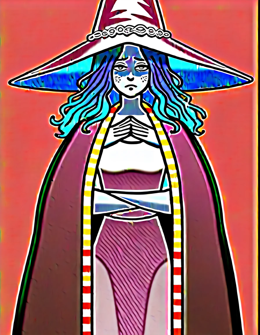 Score_9, score_8_up, score_7_up, , 1girl, solo, ranni the witch from Elden Ring, she’s an Anthro furry blue fox girl, fox snout, black nose,  wavy hair, cracked skin, colored skin, blue fur, extra arms, four arms, doll joints, white dress, hat, cloak, 