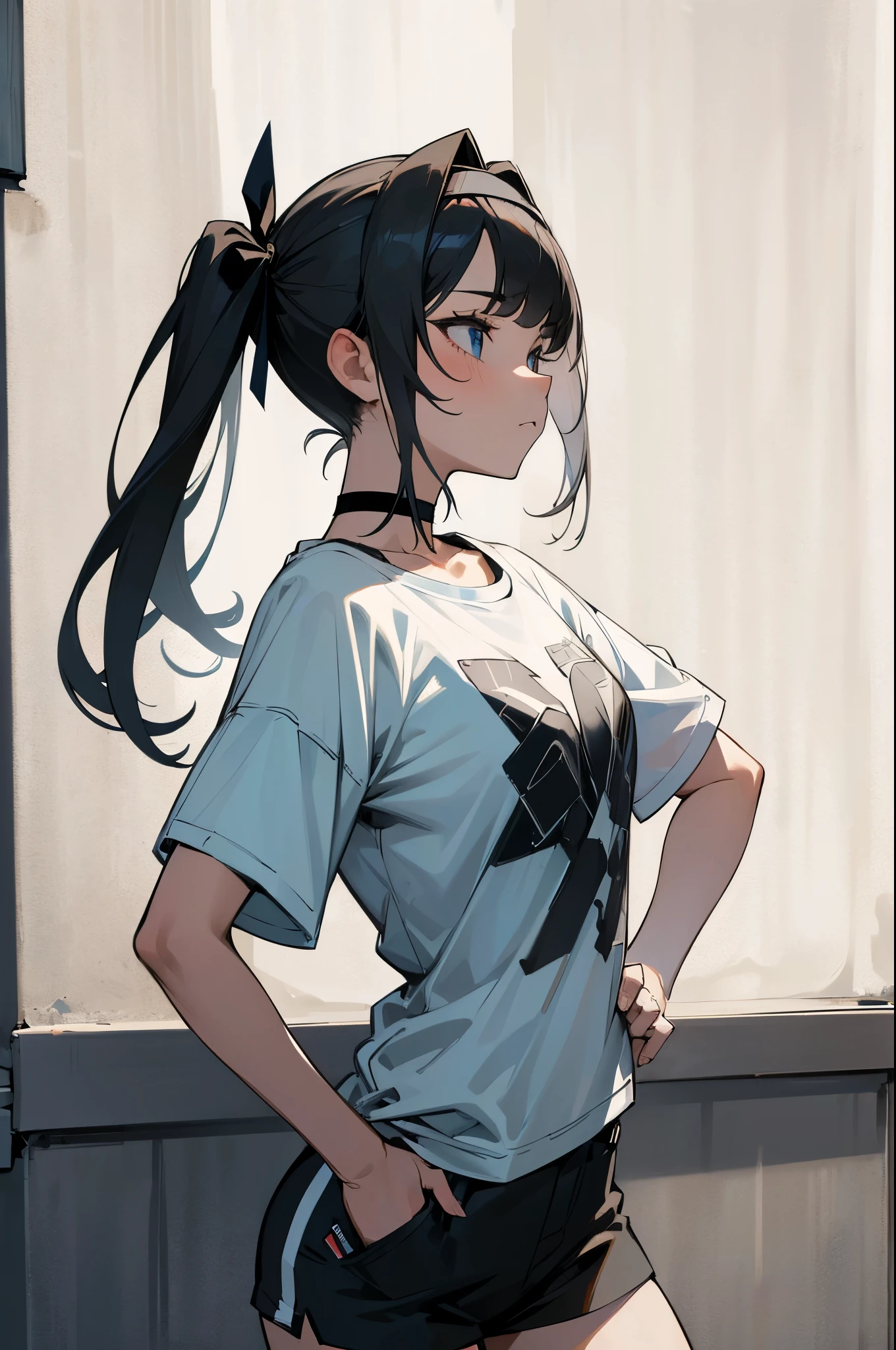(absurdres, 8k, 4k, masterpiece, hyper extreme detailed:1.2), solo, front view portrait, best quality, portrait, solo, adult, cowboyshot, perfect anatomy, 1girl, perfect face, expressive eyes, perfect eyes, t-shirt, standing up, standing against wall, chabashira tenko, twintails, hair ribbon, hairband, choker, streetwear, graphic t-shirt, jacket, black shorts, hands on hips, large bust,