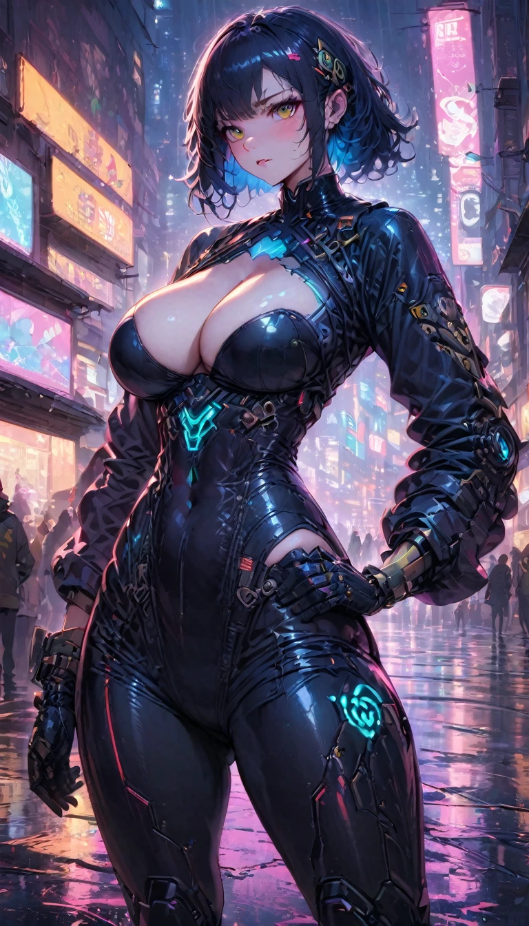 best quality,4k,8k, highres, masterpiece:1.2), extremely detailed eyes, extremely detailed body, (large masterpiece digital art), (detailed manga illustration), (detailed line art), ((perfect anatomy)), (intricate details:1.3), (ultra-detailed:1.3), (illustration:1.3), (sharp focus:1.3), (natural lighting:1.05), (vivid colors:1.3), (masterpiece), (best quality:1.4), (perfect anatomy:1.4), high quality, expressive eyes, full body, tall girl, detailed face, beautiful face, perfect face, breasts, cleavage, gloves, huge breasts, cyberpunk, (black armor), short hair, ((pale skin)), messy hair, detailed (dark blue hair), honeydew hair, two-tone_hair , detailed eyes, (amber eyes), hourglass physique, mecha musume, fortified suit, mechanical parts, headgear, robot joints, bodysuit, deva battle suit, gloves, thick thighs, toned, emblem, superhero, dynamic lighting, 4k resolution, dynamic pose, weapon, energy weapon portrait, Jeff Bridges, ((cartoon style)), Marvel Cinematic Universe style, (((sci-fi city in the background))), soft bokeh of futuristic city, Atey Ghailan, Jeremy Mann, Greg Manchess, Antonio Moro, trend in ArtStation, trend in CGSociety, Intricate, High Detail, Sharp focus, dramatic and photorealistic painting art by Midjourney and Greg Rutkowski, bokeh in the background