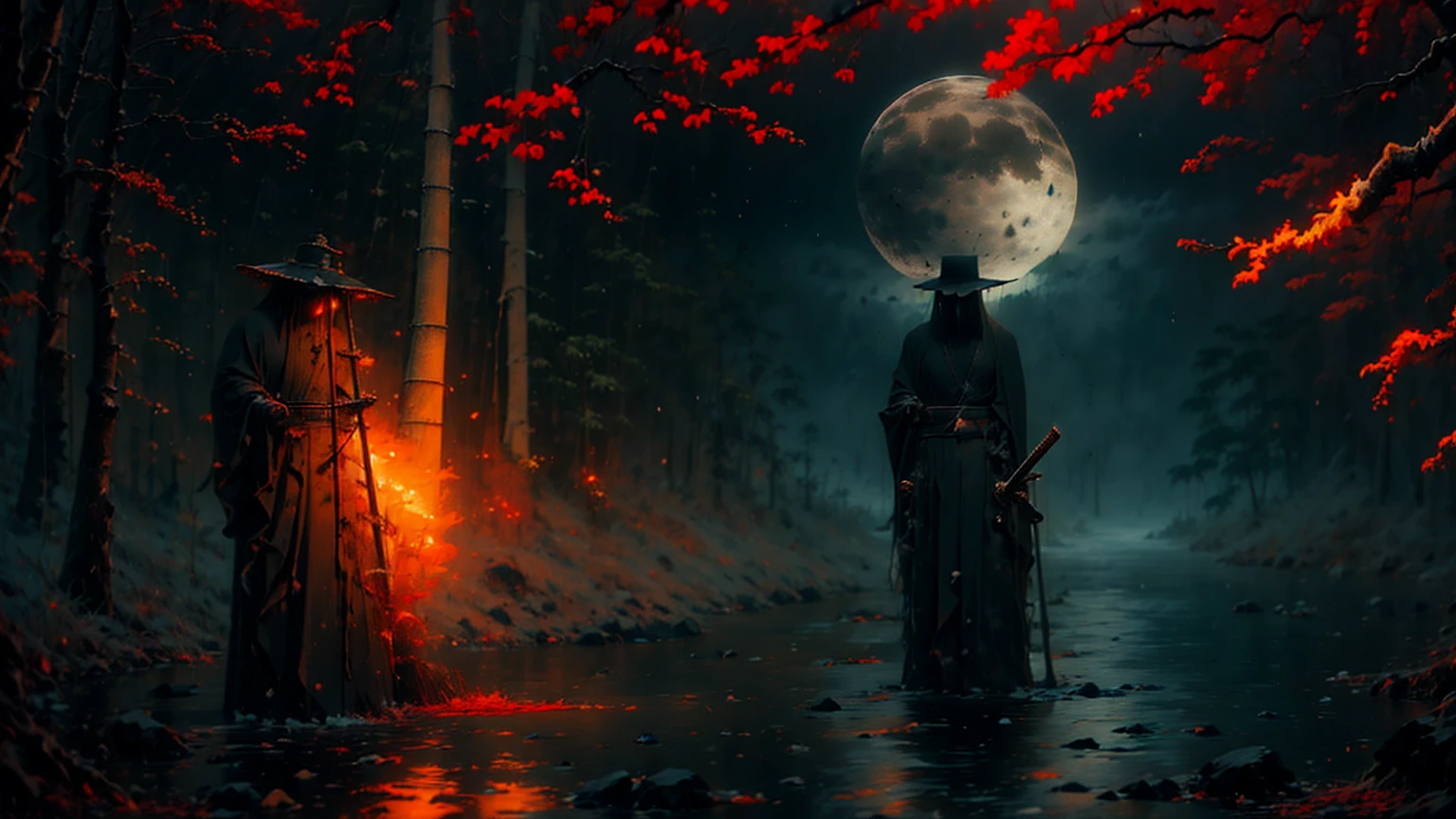 (Best Quality,ultra detailed),dark,wet,artificial raindrops falling,ancient japanese warrior standing in the rain,japanese traditional bamboo hat(fail),dense forest landscape,majestic and serene nature,full moon shining brightly in the night sky,black kimono with fluorescent red stripes that glow in the moonlight,samurai sword sharpened and drawn(katana),