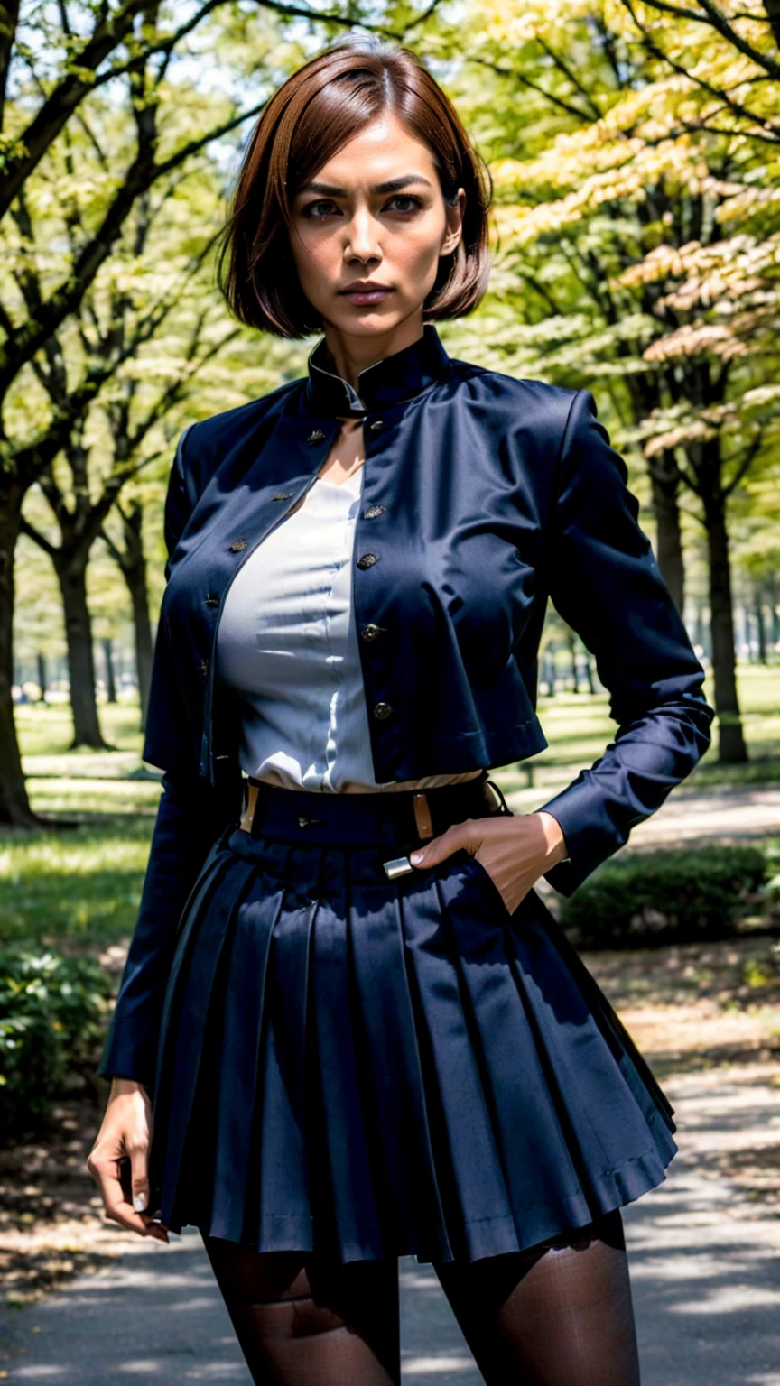 (masterpiece, best quality, ultra detailed, absurdres)1.5, 1girl, (y, beautiful woman, perfect face, perfect eyes, perfect female body,, (nobara kugisaki, bob cut, brown hair, lips, short hair, belt, brown belt, brown pane, crop top, crop top overhang, JUJUTSU TECH UNIFORM, jacket, gakuran, pantyhoseated skirt, shirt tucked in, skirt, blue skirt, blue crop top, ), (standing in the park