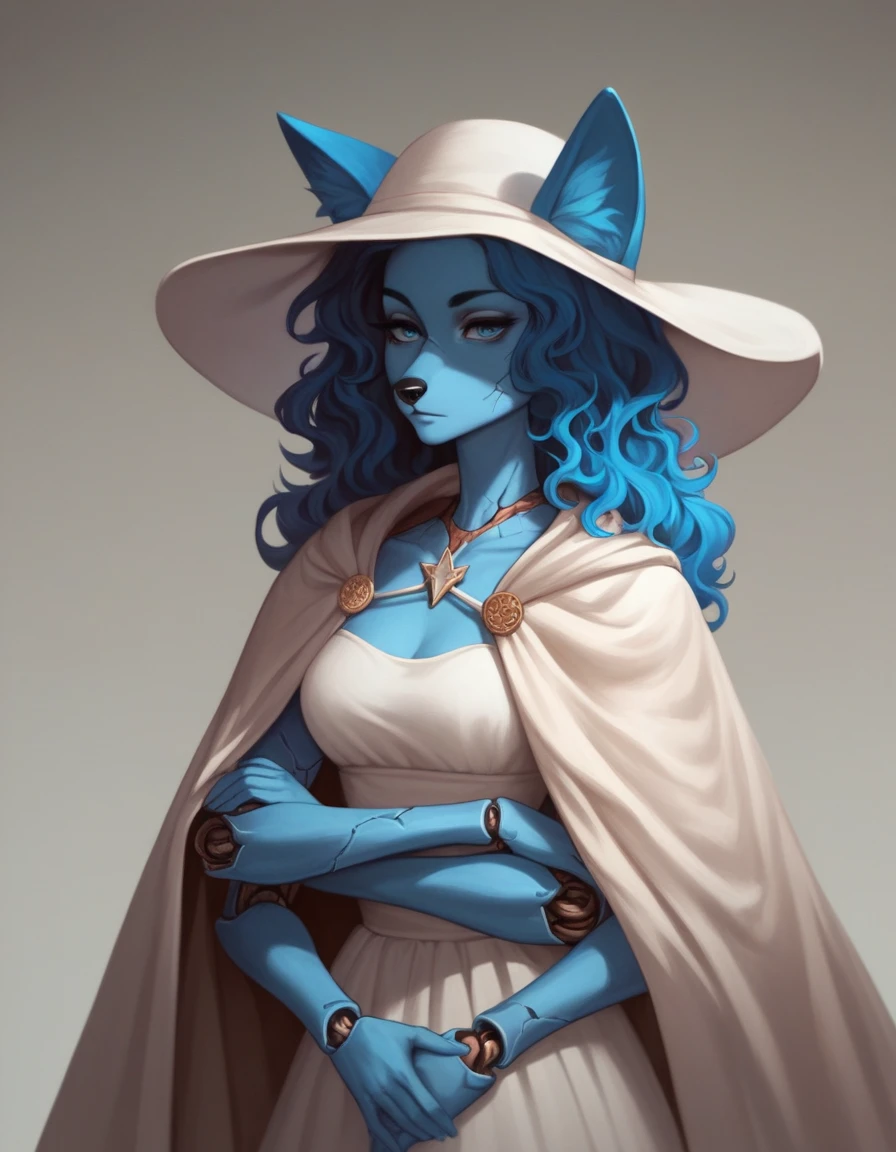 Score_9, score_8_up, score_7_up, , 1girl, solo, an Anthro furry blue fox girl, fox snout, black nose, IncrsXLRanni, wavy hair, cracked skin, colored skin, blue fur, extra arms, four arms, doll joints, white dress, hat, cloak, 