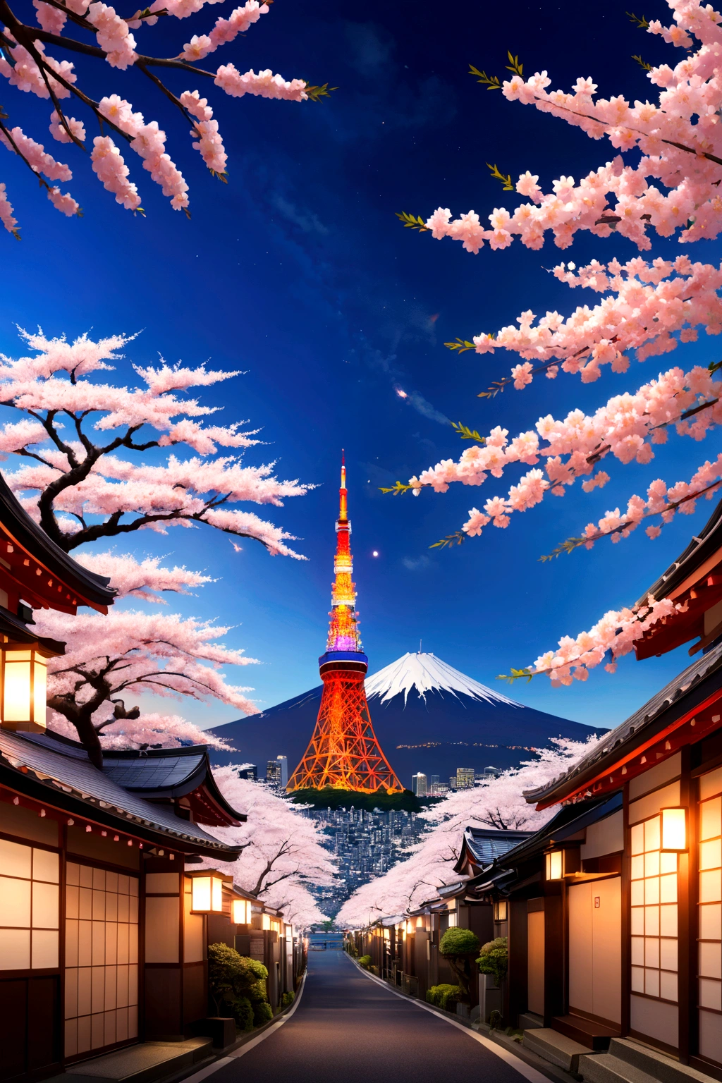 firework、Fuji Mountain、torii、blue sky、Tokyo Tower、cherry blossoms