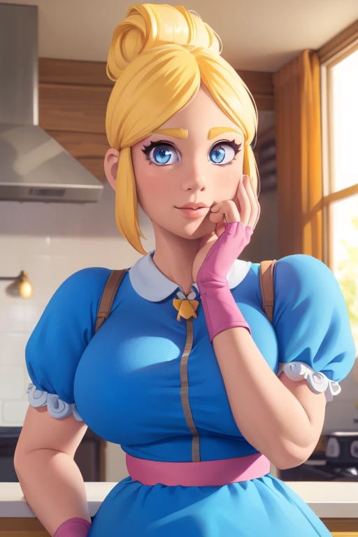 solo, a 1girl, Piper, ssmile, (colossal breasts), (hand on cheek:1.2), blonde woman, hair bun, blue dress, puffy short sleeves, partially fingerless gloves, kitchen, BREAK (Masterpiece:1.2), Best Quality, High Resolution, Unity 8k Wallpaper, (illustartion:0.8), (pretty eyes:1.6), extremely detailed face, perfect  lighting, extremely detailed CGI, (realistic fingers)