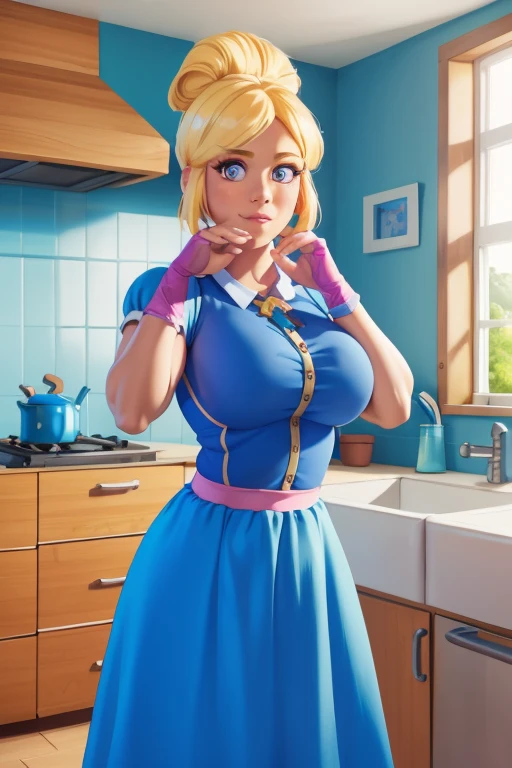 solo, a 1girl, Piper, ssmile, (colossal breasts), (hand on cheek:1.2), blonde woman, hair bun, blue dress, puffy short sleeves, partially fingerless gloves, kitchen, BREAK (Masterpiece:1.2), Best Quality, High Resolution, Unity 8k Wallpaper, (illustartion:0.8), (pretty eyes:1.6), extremely detailed face, perfect  lighting, extremely detailed CGI, (realistic fingers)