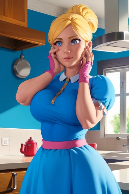 solo, a 1girl, Piper, ssmile, (colossal breasts), (hand on cheek:1.2), blonde woman, hair bun, blue dress, puffy short sleeves, partially fingerless gloves, kitchen, BREAK (Masterpiece:1.2), Best Quality, High Resolution, Unity 8k Wallpaper, (illustartion:0.8), (pretty eyes:1.6), extremely detailed face, perfect  lighting, extremely detailed CGI, (realistic fingers)