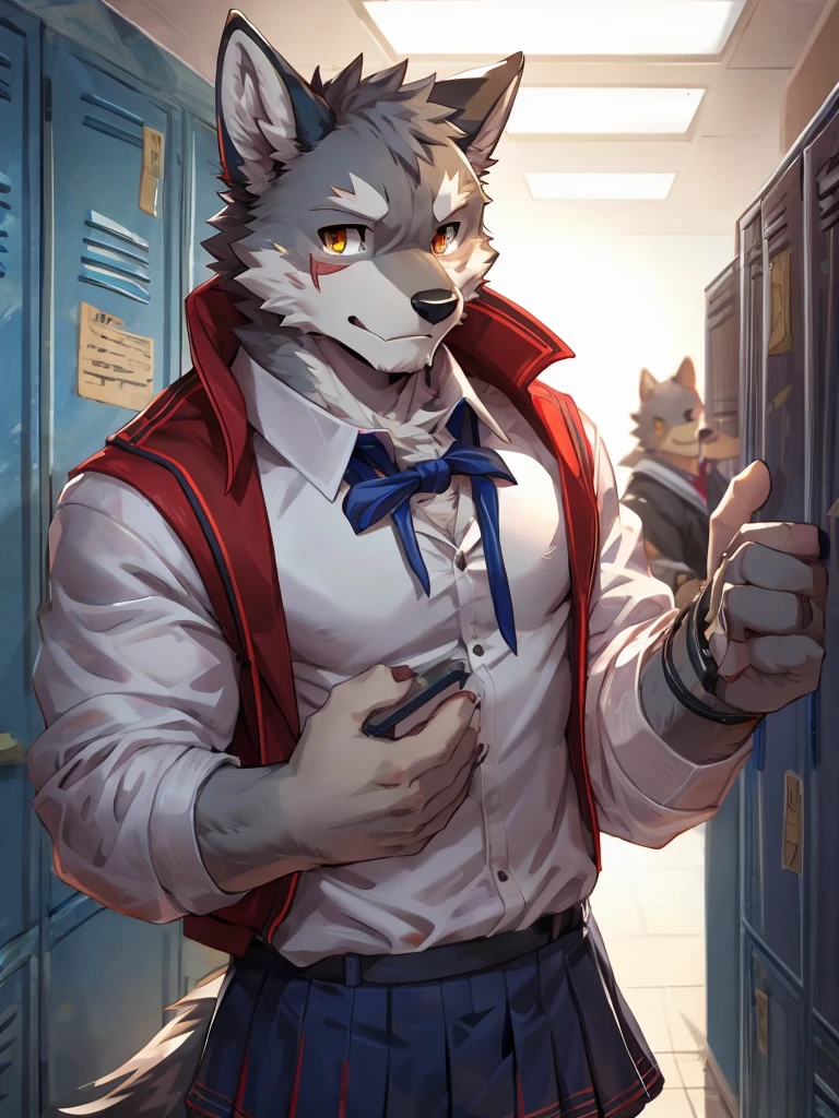 embedding:Gray wolf,Golden Eyes,Single Person,a scar on the face.Gray fur,High school students,school uniform,Scratch head,Standing by the school locker,Nervous,With his school uniform jacket in his hand,Male.Handsome,Smart,Best quality hands, best quality eye,detailed fur,Delicate eyes.Extreme picture quality,by sollyz,by zixiong,by null_ghost