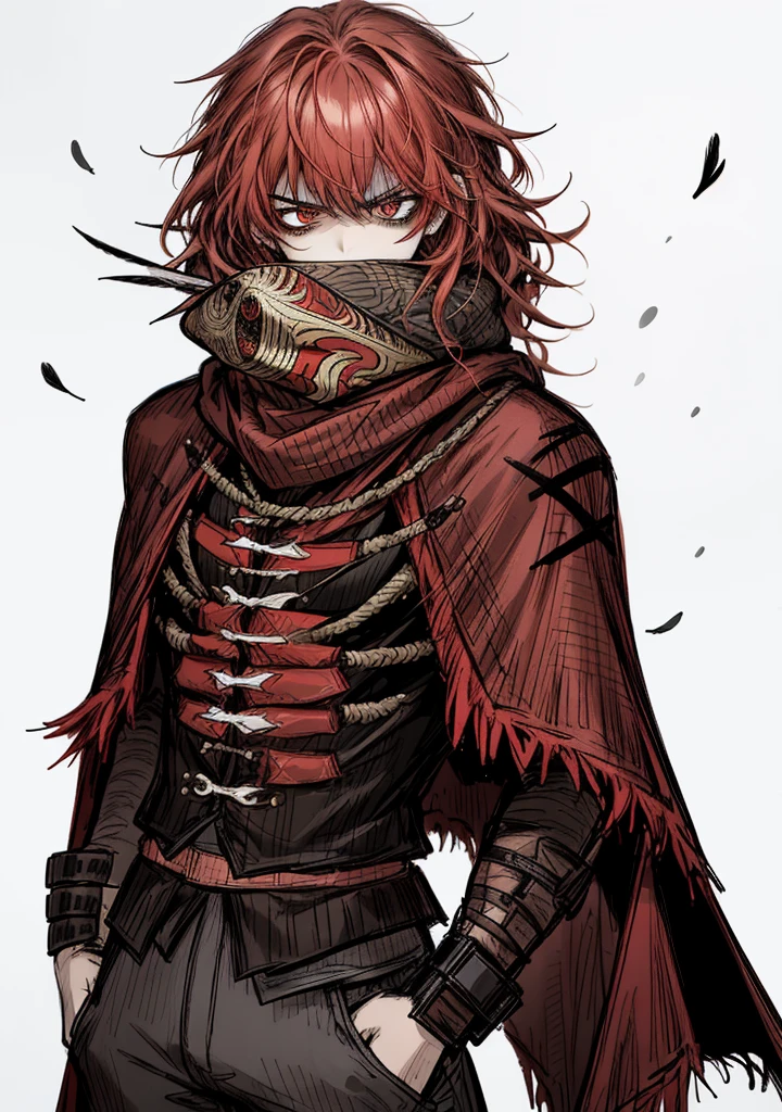 1boy, angry face, scarf, red eyes,feather, bandit clothes, mercenary, red hair, wavy hair, cape,
beautiful clothes, (high resolution, high detail, best quality), solo, big chest, sfw