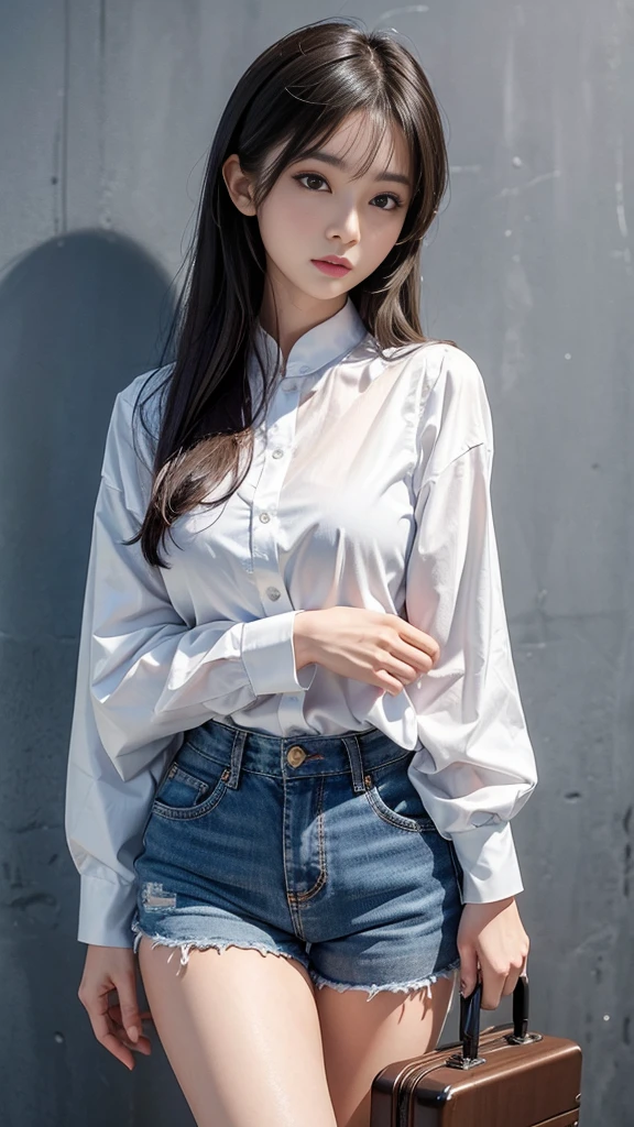(masterpiece, Highest quality, Very detailed, Best Shadow), (Detailed Background,) A woman in her fifties posing with a suitcase wearing a white shirt and blue shorts, Russian and Japanese mix, Asian Woman, Japanese Goddess, 2 4-year-old female model, Asian Girl, beautiful Asian Girl, Attractive appearance, Gorgeous Young Korean Woman, Korean Girls, Gorgeous Woman, Chinese Girl, Southeast Asia&#39;s long, Beautiful Korean Women, Hello, hot 