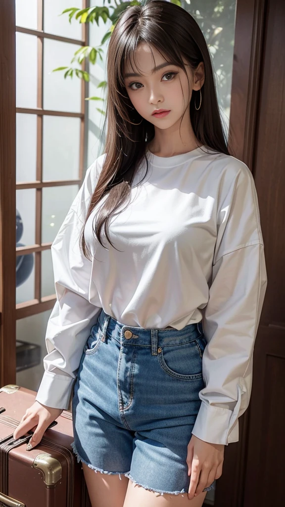 (masterpiece, Highest quality, Very detailed, Best Shadow), (Detailed Background,) A woman in her fifties posing with a suitcase wearing a white shirt and blue shorts, Russian and Japanese mix, Asian Woman, Japanese Goddess, 2 4-year-old female model, Asian Girl, beautiful Asian Girl, Attractive appearance, Gorgeous Young Korean Woman, Korean Girls, Gorgeous Woman, Chinese Girl, Southeast Asia's long, Beautiful Korean Women, Hello, hot