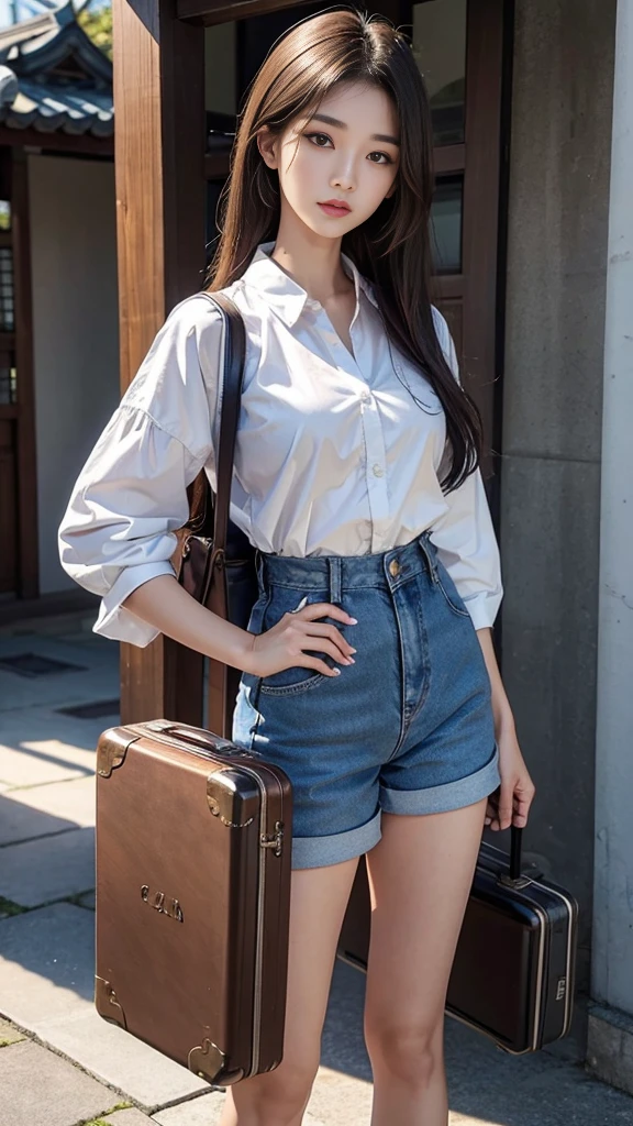 (masterpiece, Highest quality, Very detailed, Best Shadow), (Detailed Background,) A woman in her fifties posing with a suitcase wearing a white shirt and blue shorts, Russian and Japanese mix, Asian Woman, Japanese Goddess, 2 4-year-old female model, Asian Girl, beautiful Asian Girl, Attractive appearance, Gorgeous Young Korean Woman, Korean Girls, Gorgeous Woman, Chinese Girl, Southeast Asia&#39;s long, Beautiful Korean Women, Hello, hot 