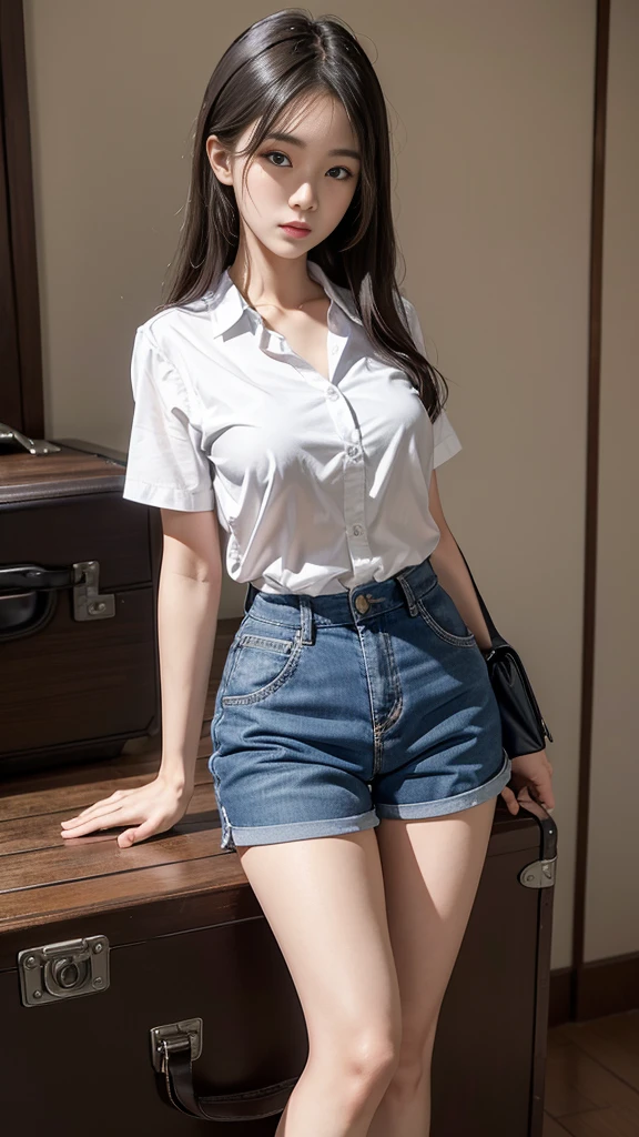 (masterpiece, Highest quality, Very detailed, Best Shadow), (Detailed Background,) A woman in her fifties posing with a suitcase wearing a white shirt and blue shorts, Russian and Japanese mix, Asian Woman, Japanese Goddess, 2 4-year-old female model, Asian Girl, beautiful Asian Girl, Attractive appearance, Gorgeous Young Korean Woman, Korean Girls, Gorgeous Woman, Chinese Girl, Southeast Asia's long, Beautiful Korean Women, Hello, hot