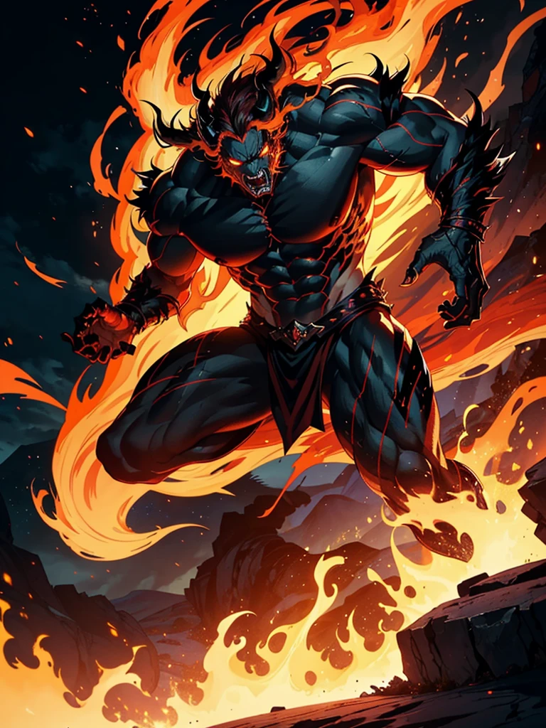 "Imagine a powerful male demon inspired by Final Fantasy's Ifrit. He has a muscular and imposing figure, with dark, fiery red skin. Sharp, menacing horns emerge from his head, and his eyes glow an intense yellow color. Its mouth is full of sharp, jagged teeth. Its body is adorned with tribal markings and scars, adding to its intimidating presence. Its hair is long and wild, resembling flames that cascade down its back. is enveloped in an aura of fire and heat. In the background, a dark volcanic scene with flowing lava and burning embers in the air."