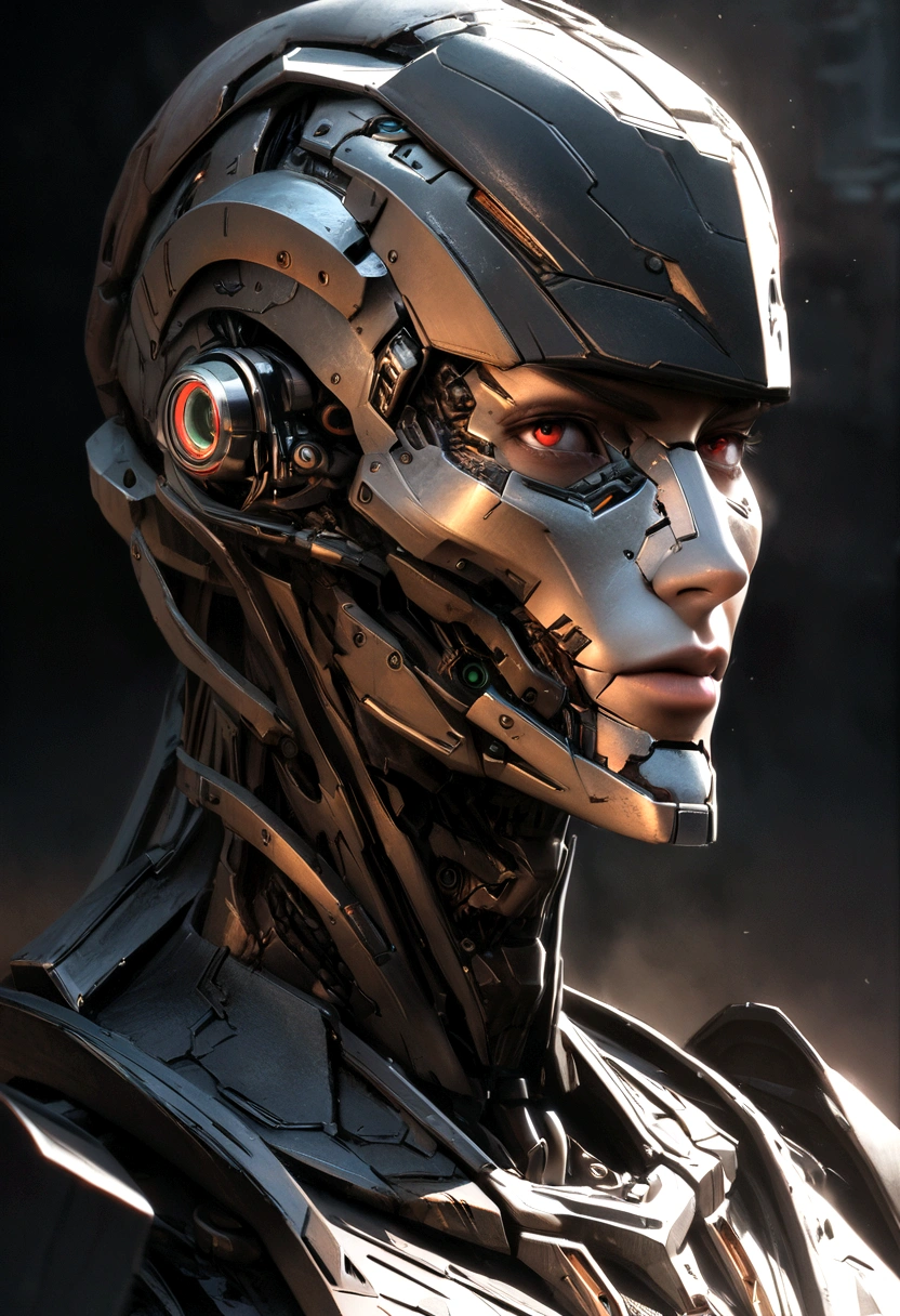 Sharpened man in black and red metallic armor with hood, detailed portrait of a cyborg, close-up portrait of cyborg, portrait of a futuristic robot, male cyborg military commander, attractive science fiction face, masculine appearance, portrait of cyborg, Futuristic Setting, portrait of a cyborg, cyborg portrait, portrait of a cyborg cyberpunk, male cyborg, in metallic black futuristic armor, olpntng style, Portrait of the gynoid robot Samus in Wasteland, perfect composition, beautiful detailed intricate insanely detailed octane render Tendências no ArtStation, 8k art photography, photorrealistic concept art, soft natural volumetric cinematic perfect light, Bright dark, rewarded photography, work of art, oil on canvas, perfect composition, beautiful detailed intricate insanely detailed octane render Tendências no ArtStation, 8k art photography, photorrealistic concept art, futuristic setting, soft natural volumetric cinematic perfect light, darkness background