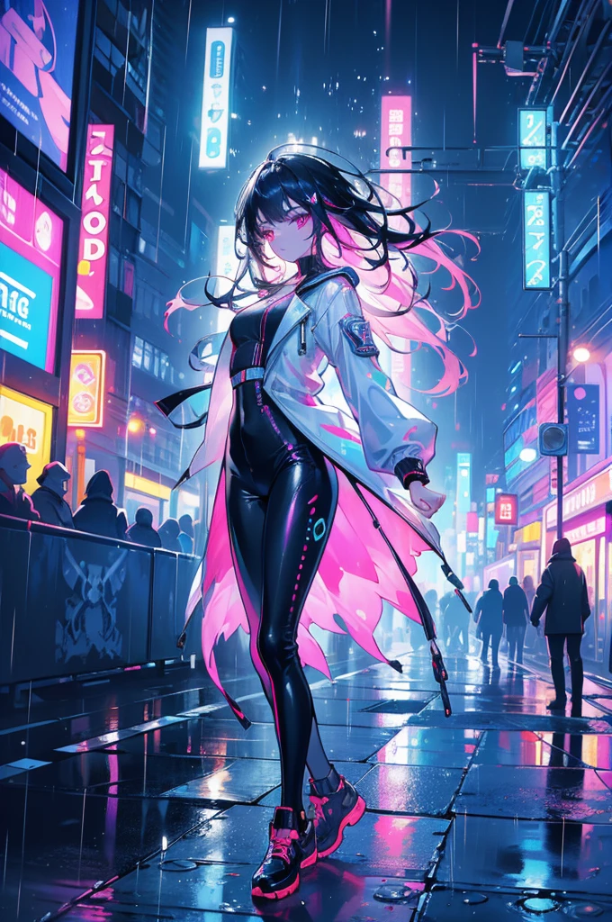 Masterpiece, ultra detailed, beautiful,Super Saturation, Neon Street,1 girl, street, night, rain, colorful, white jacket,From a distance:1.4, cyber punk,vivid,magic,dancing in the rain,dancing:1.6