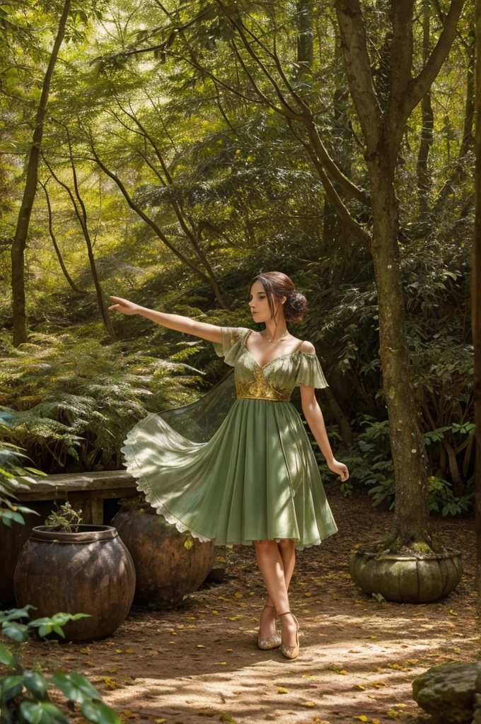 A whimsical miniature figure composed of delicately arranged autumn leaves, poised in a carefree dance on the rim of a weathered, moss-covered terracotta pot, set against a lush, vibrant forest backdrop, where dappled sunlight filters through the canopy above, casting intricate shadows. The overall aesthetic is ethereal, with warm, earthy tones of sienna, umber, and olive green, infused with hints of emerald and golden light, evoking a sense of wonder and enchantment, as if plucked from a fantastical realm.