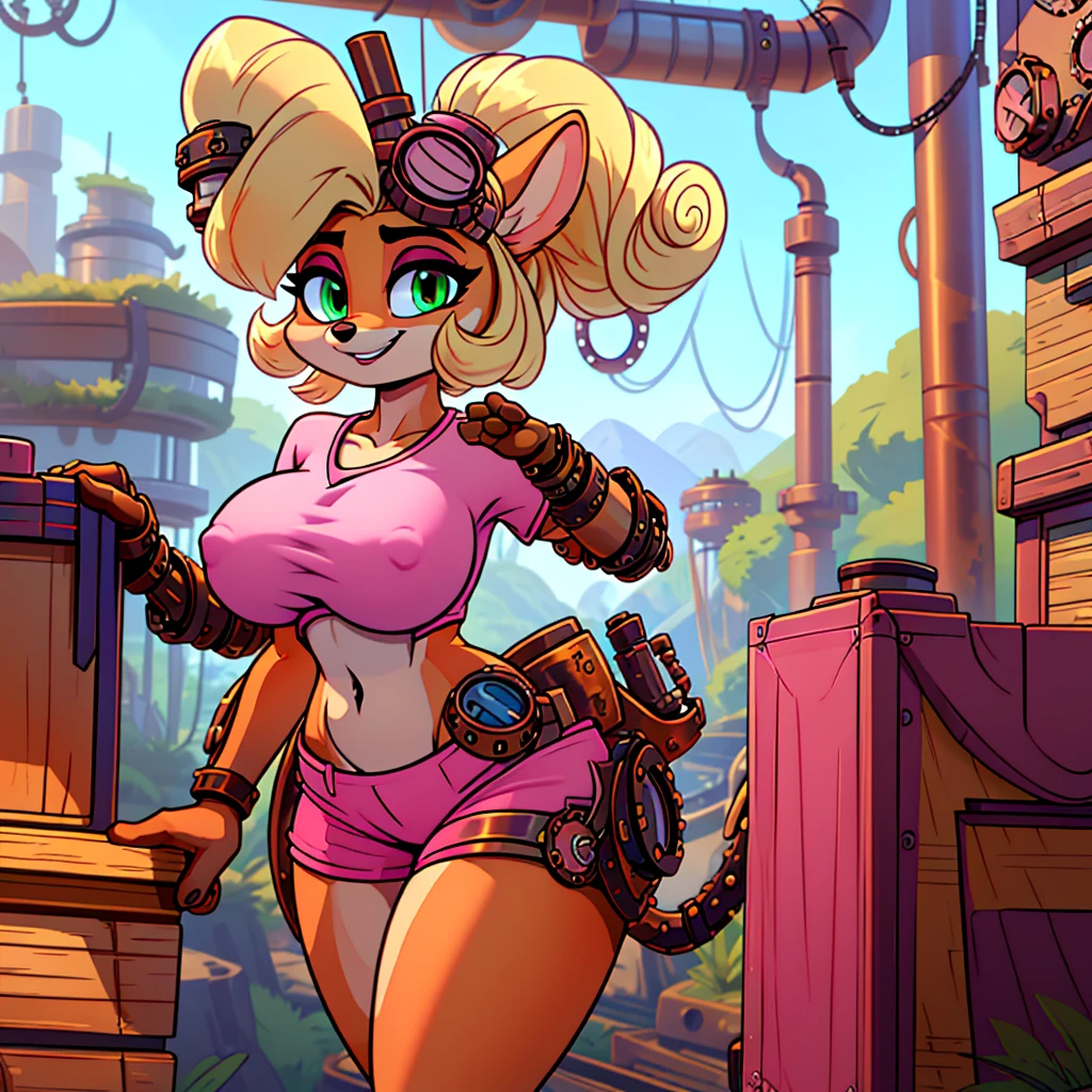 (masterpiece), ((perfect anatomy)), (high Res), (4k), bandicoot, green eyes, blonde hair, huge breast, wide hips, (((pink shirt))), (((pink shorts))), happy, ((((steampunk artstyle)))), (((solo))), narrow waist