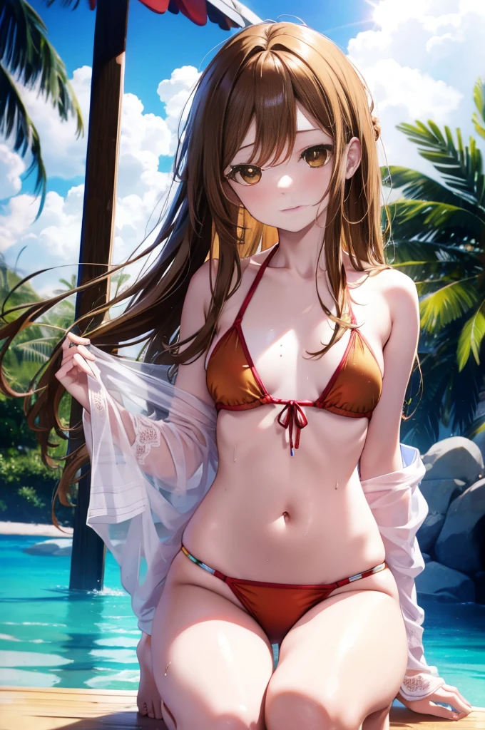 a sun ayuuki, a sun a yuuki, Long Hair, Brown Hair, (Brown eyes:1.8), Medium Chest,Open your mouth,smile,Red Bikini Swimsuit,barefoot,Water Play,Wet Hair,Wet Skin,Wet swimsuit,slouch,Daytime,Clear skies,Palm tree,True Summer,whole bodyがイラスト入るように,
break outdoors,Beach,
break looking at viewer,whole body,
break (masterpiece:1.2), Highest quality, High resolution, unity 8k wallpaper, (shape:0.8), (Fine and beautiful eyes:1.6), Highly detailed face, Perfect lighting, Highly detailed CG, (Perfect hands, Perfect Anatomy),