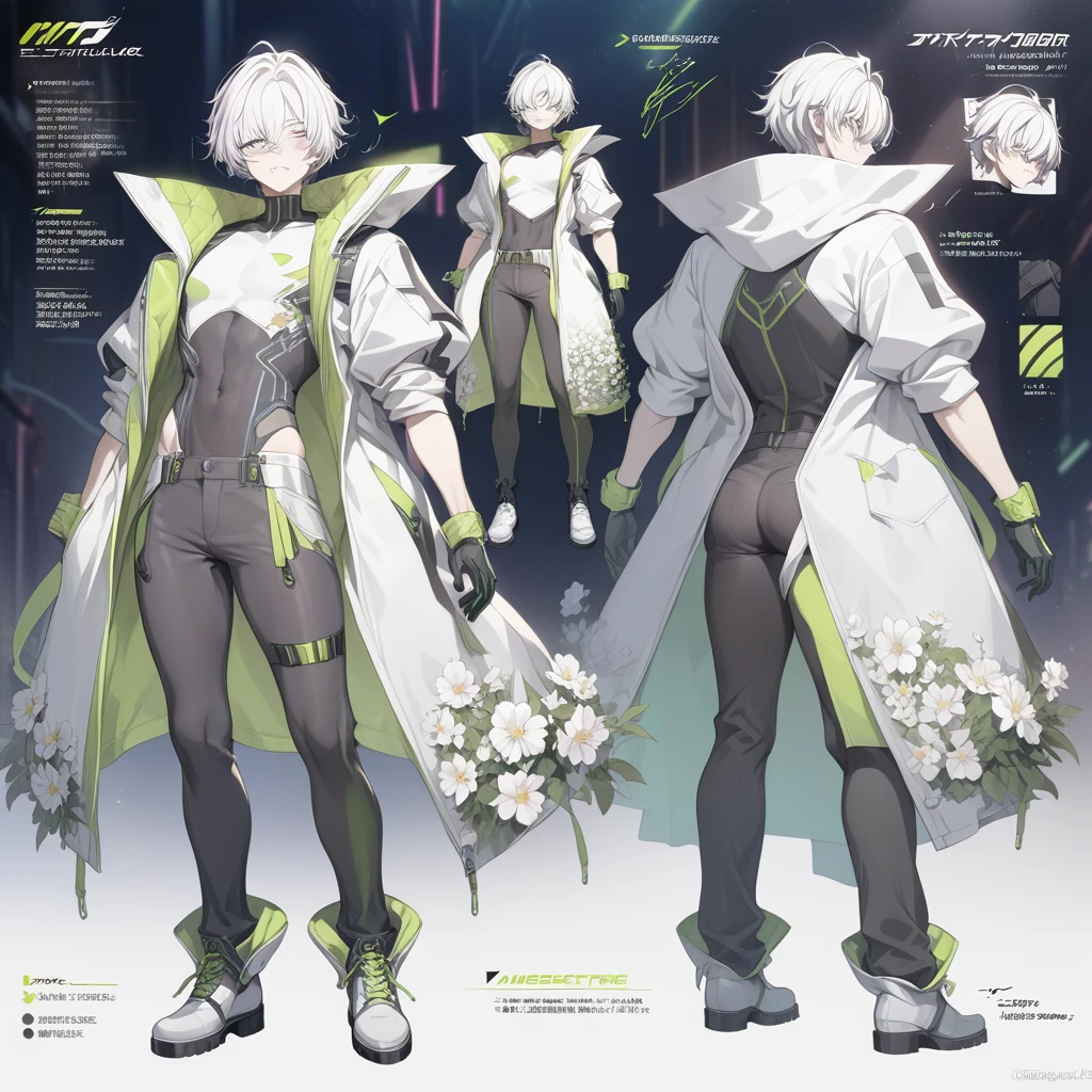 (Masterpiece, Best Quality:1.2), 1 chico, Alone, male anime character, extravagant cyberpunk style clothes, idol, front and rear reference sheet, whole body, flower theme,
