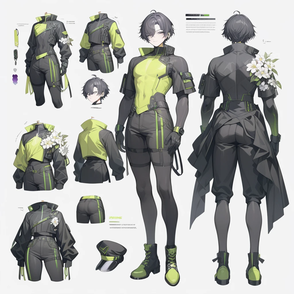 (Masterpiece, Best Quality:1.2), 1 chico, Alone, male anime character, extravagant cyberpunk style clothes, idol, front and rear reference sheet, whole body, flower theme,