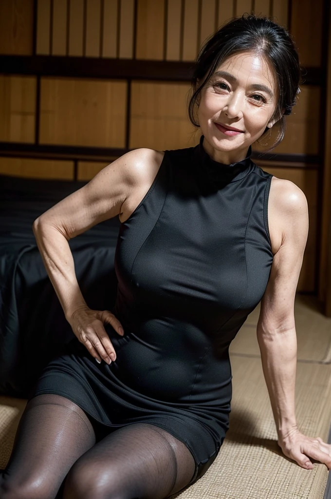 (masterpiece:1.4),(66-year-old woman:1.5),(facial wrinkles 1.2),A kind smile, (Updo : 1.1), (sleeveless black mourning dress), (black nylon tights : 1.1), Motherhood Mature Woman, plump arms, plump thighs, (focus on legs : 1), on tatami, traditional japanese room,