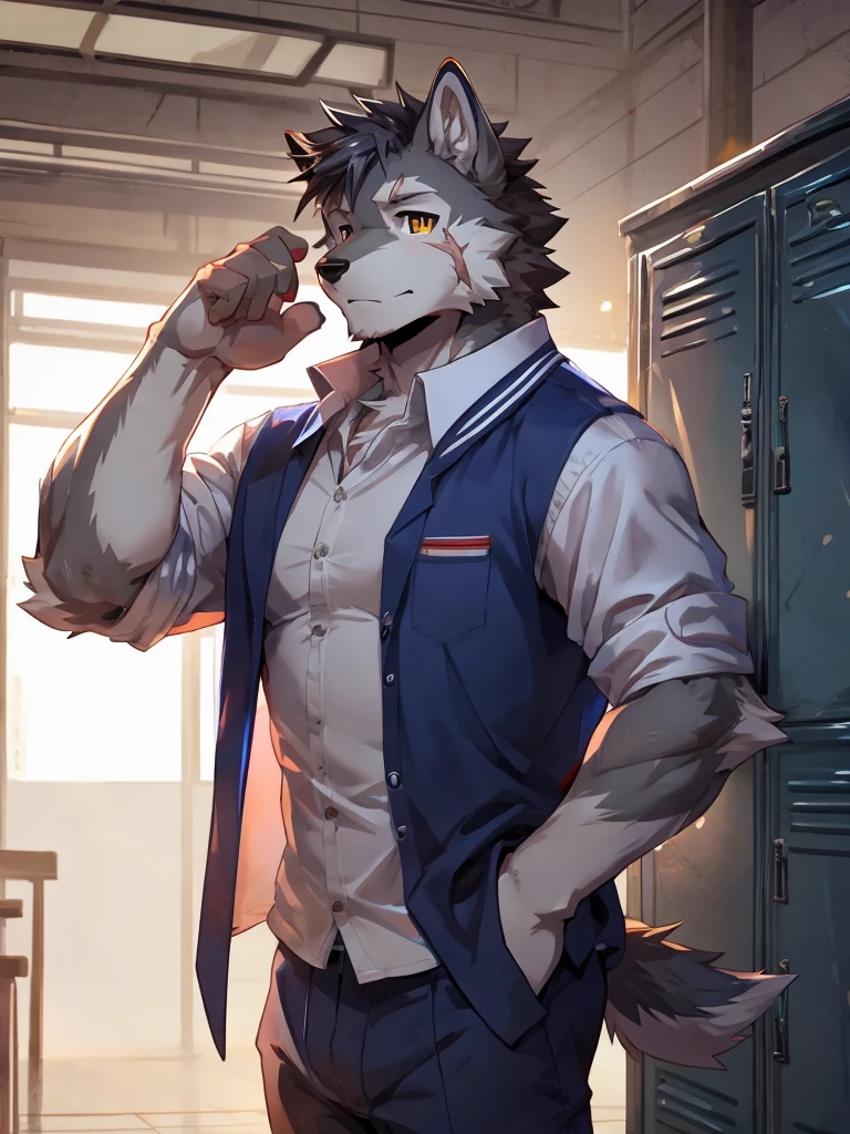 embedding:Gray wolf,Golden Eyes,Single Person,a scar on the face.Gray fur,High school students,school uniform,Scratch head,Standing by the school locker,Nervous,With his school uniform jacket in his hand,Male.Handsome,Smart,Best quality hands, best quality eye,detailed fur,Delicate eyes.Extreme picture quality,by sollyz,by zixiong,by null_ghost