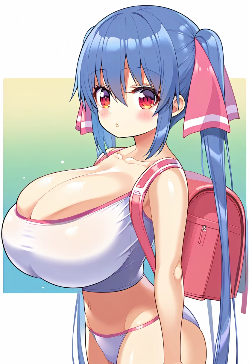 score_9, score_8_up, score_7_up, score_6_up, score_5_up, score_4_up,
(gradient background:1.15), white border, 
refraction, caustics, rim lights, backlighting, bloom,
BREAK
source_anime, sky, 
BREAK
1girl, bare shoulders, blue hair, huge breasts, cleavage, looking at viewer, red eyes, shortstack, solo, twintails, blush, bangs, ribbon, hair between eyes, very long hair, hair ribbon, white crop top, pink thong, sleeveless, pink ribbon, standing, looking at viewer, crop top, glistening skin, up close, short, backpack