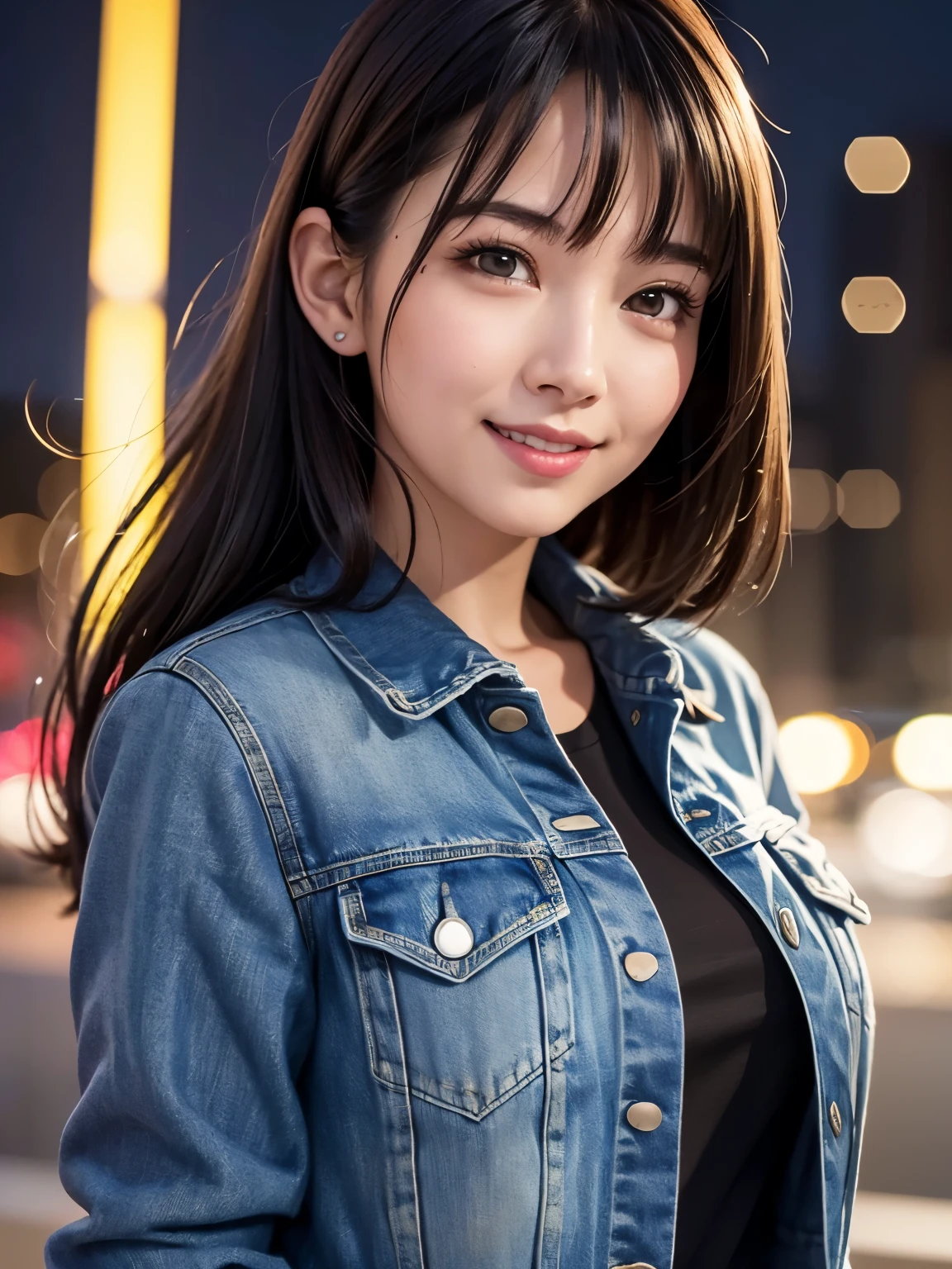 City pop woman, night background, dark hair, loose hair, smiling face, upper body, denim jacket, masterpiece, top quality, super detailed, ultra detailed, 4K, 8K, ((clearly drawn face)), (beautifully detailed eyes, super detailed skin))