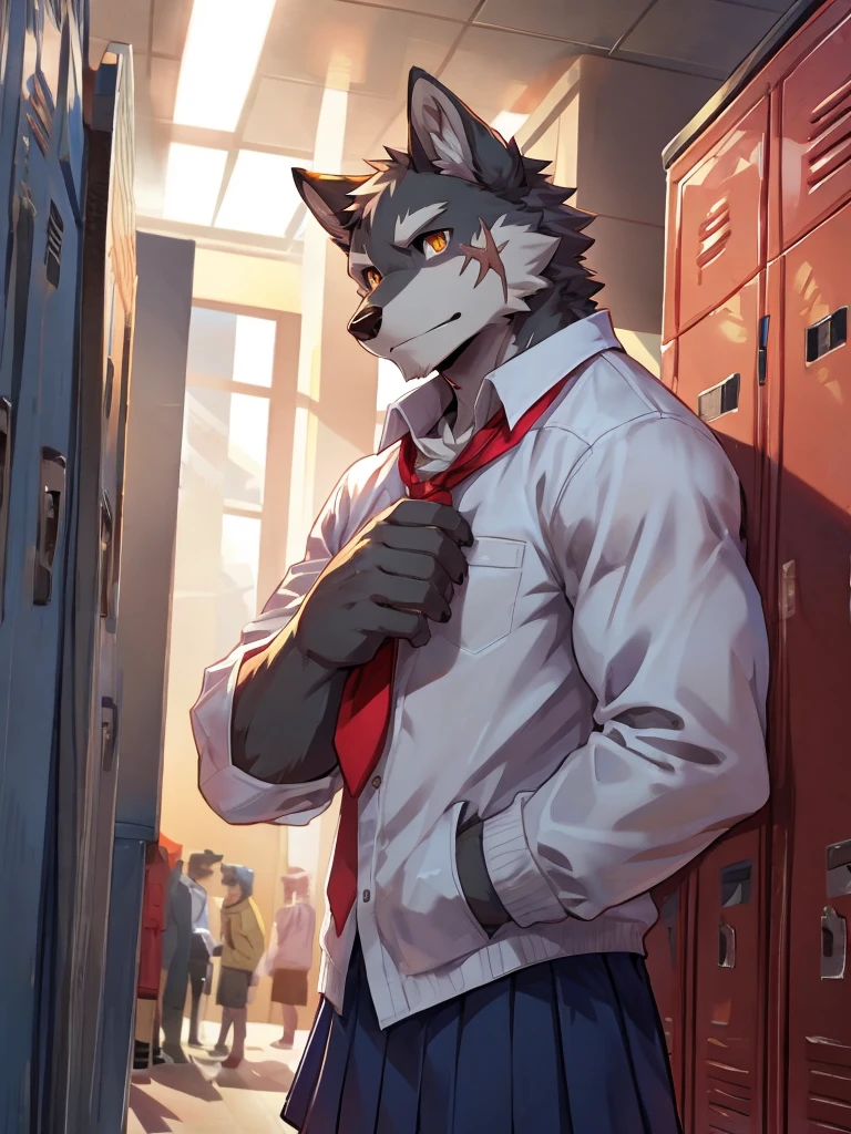 embedding:Gray wolf,Golden Eyes,Single Person,a scar on the face.Gray fur,High school students,school uniform,Scratch head,Standing by the school locker,Nervous,With his school uniform jacket in his hand,Male.Handsome,Smart,Best quality hands, best quality eye,detailed fur,Delicate eyes.Extreme picture quality,by sollyz,by zixiong,by null_ghost