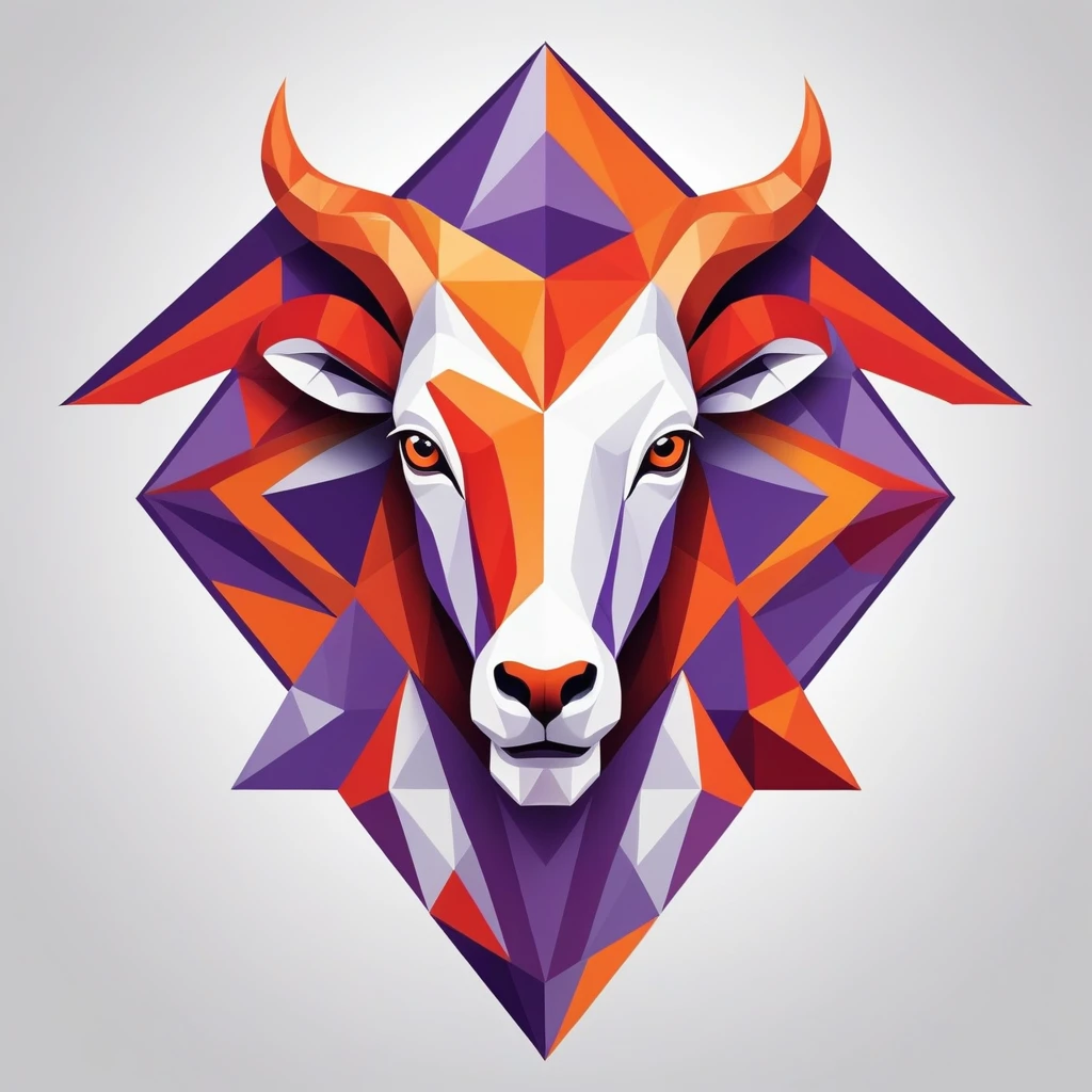 Fragmented Aries symbol, cubist-inspired artwork, energetic and avant-garde, multi-angled lighting, geometric shape composition, vibrant red, orange, and purple scheme, asymmetrical full front print, faceted gem-like texture, contemporary art enthusiast apparel, T-shirt design graphic, vector, contour, white background