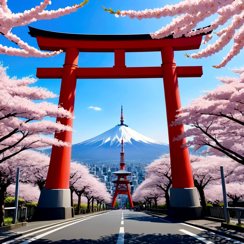 Fuji Mountain、torii、blue sky、Tokyo Tower、cherry blossoms