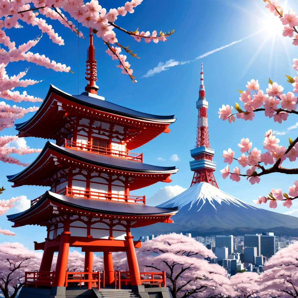 Fuji Mountain、torii、blue sky、Tokyo Tower、cherry blossoms