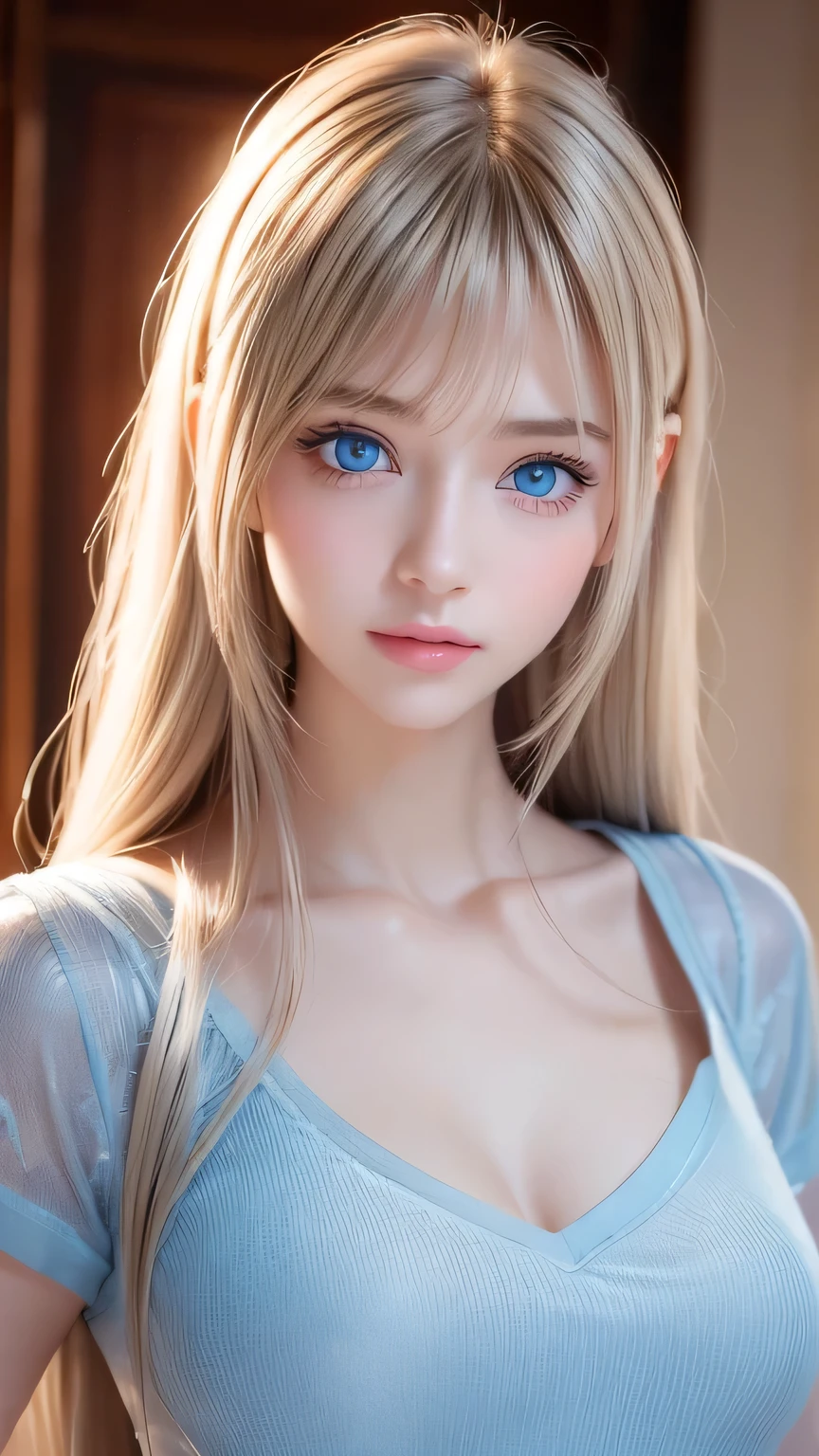 Dressed、(Photorealistic:1.4)、(ハイパーRealistic:1.4)、(Realistic:1.3)、(Smooth lighting:1.05)、(Improved cinematic lighting quality:0.9)、32k、1 Girl、Very cute expression、A beautiful 16 year old blonde girl、Bangs over the eyes、Realistic top lighting、Backlight、Face Light、Super long silky hair、Ray tracing、(Bright light:1.2)、(quality improvement:1.4)、(Highest quality realistic textured skin:1.4)、Very beautiful detailed large shining light blue eyes、Very big eyes、Detailed face、A careful eye for quality、(Tired, sleepy and satisfied: 0.0)、Face close up、T-Shirts、(Enhances the body line:1.1)、(Enhances the beauty of skin texture:1.1)、Cheek gloss highlighter