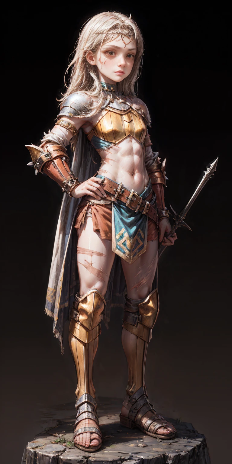 Subject:

1 Solo Female Gladiator
Pose:

Full body, whole body
Standing tall, hands on hips (conveying confidence)
Feet together, conveying a strong stance
View from slightly below, emphasizing her power
Clothing and Armor:

Loincloth (detailed and well-crafted, showcasing her warrior status)
Metal sandals, sturdy and battle-worn
Leather choker, adorned with a gladiator emblem or small spikes (optional)
Big belt, holding additional weapons or pouches (optional)
Bracers on forearms, for protection
Jewelry:

Tiara (can be simple and battle-ready, or adorned with feathers or gladiator symbols)
Additional Details:

Strong, defined muscles
Determined expression on her face
Optional: scars or other battle marks that tell a story of her victories