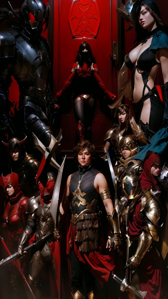 a group of people dressed in costumes and armor standing in front of a red door, artgerm craig mullins, artgerm and craig mullins, craig mullins and artgerm, masayoshi suto and artgerm, artgerm and genzoman, artgerm comic, by Jorge Jacinto, artgerm and ben lo