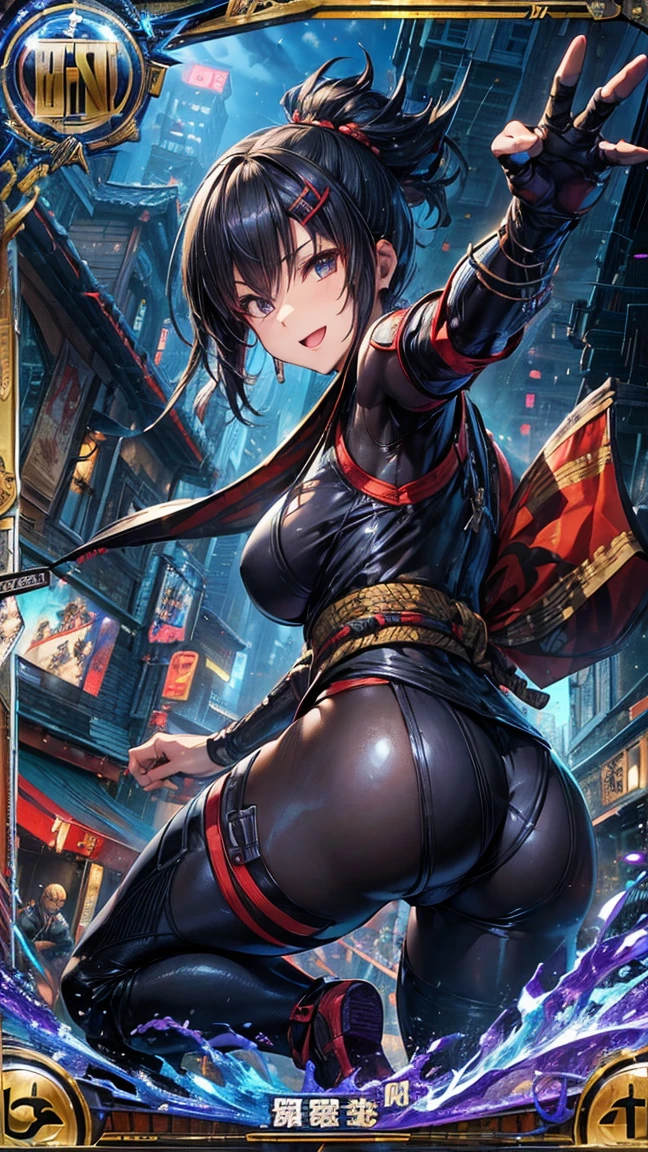 (1 mature female ninja,Age 35), ((Pub,guild)),(smile),Dynamic pose,Dynamic Angle,Pose for a photo,From below,Elderly woman、Trading Card Game Frames、Highest Rare、Five Fingers、Signature mark、Big Butt、Black Hair、Fighting Pose、Ninja costume、Full Body Suit、kunai、Japanese style cyberpunk、A ninja running through a modern city