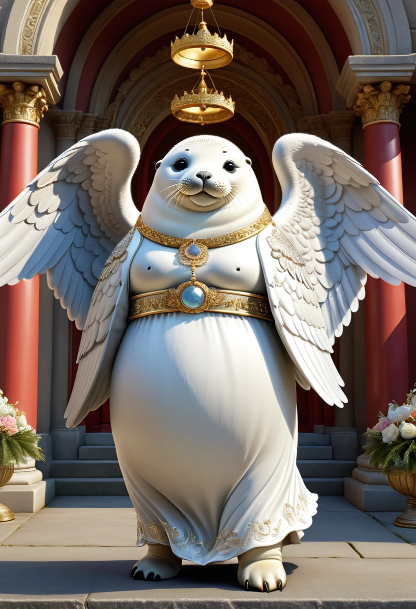  photorealistic portrait of Dressed animals-a ((fat)) ((seal)) angel,(), (elegant pose:1.5), (hands on hips:1.5),(smile:1.5),high quality,(angel wings),(lovely) ,intricate details, Wearing angel clothes , (angel's ring above head), highly detailed ((angel wings)) ,highly detailed decorations of clothes, angel boots , (happy), soft lighting,(full body image:2.0),holy temple background,clouds,score_9, score_8_up, score_7_up, score_6_up, score_5_up, score_4_up,