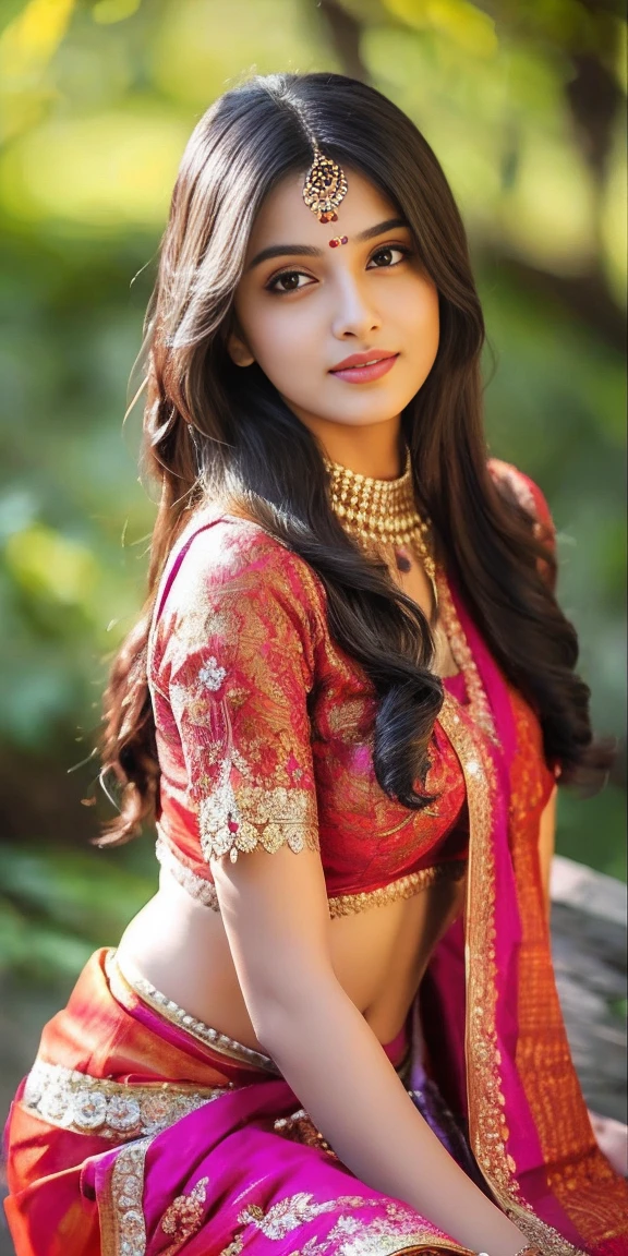 8K, ultra high detailed, an indian girl, cute face, happy, long hair, impressive hairstyle, detailed eyes, detailed lips, indian clothes, saree,  saree, lace, wearing jewellery, nature background, flowers, afternoon, shadow, clear weather, sitting, whole body capture,