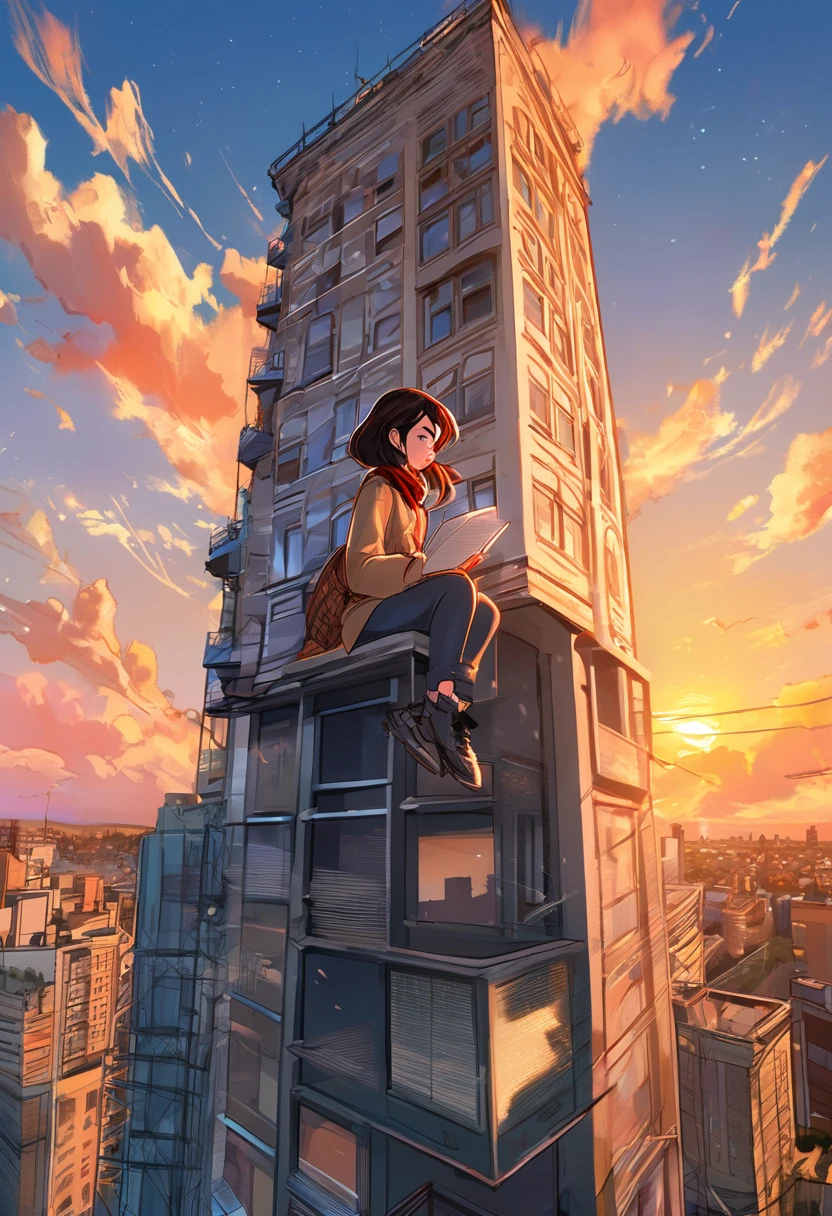 a woman was sitting writing on top of a building, with a beautiful sunset sky., manga style manga style, digital art, by Marshall Arisman, cover illustration, 70mm, 7 0 mm, 70 mm, book cover illustration, by Brigette Barrager, album cover, novel cover art for a book, art concept for a book cover, cover art, 7 feet tall,