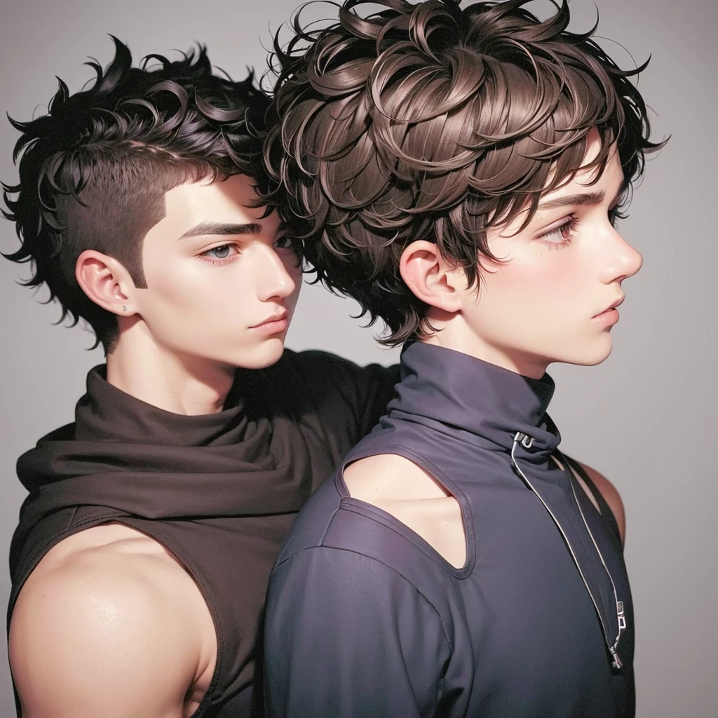 1 teenage boy, short, curly hair cut on the sides