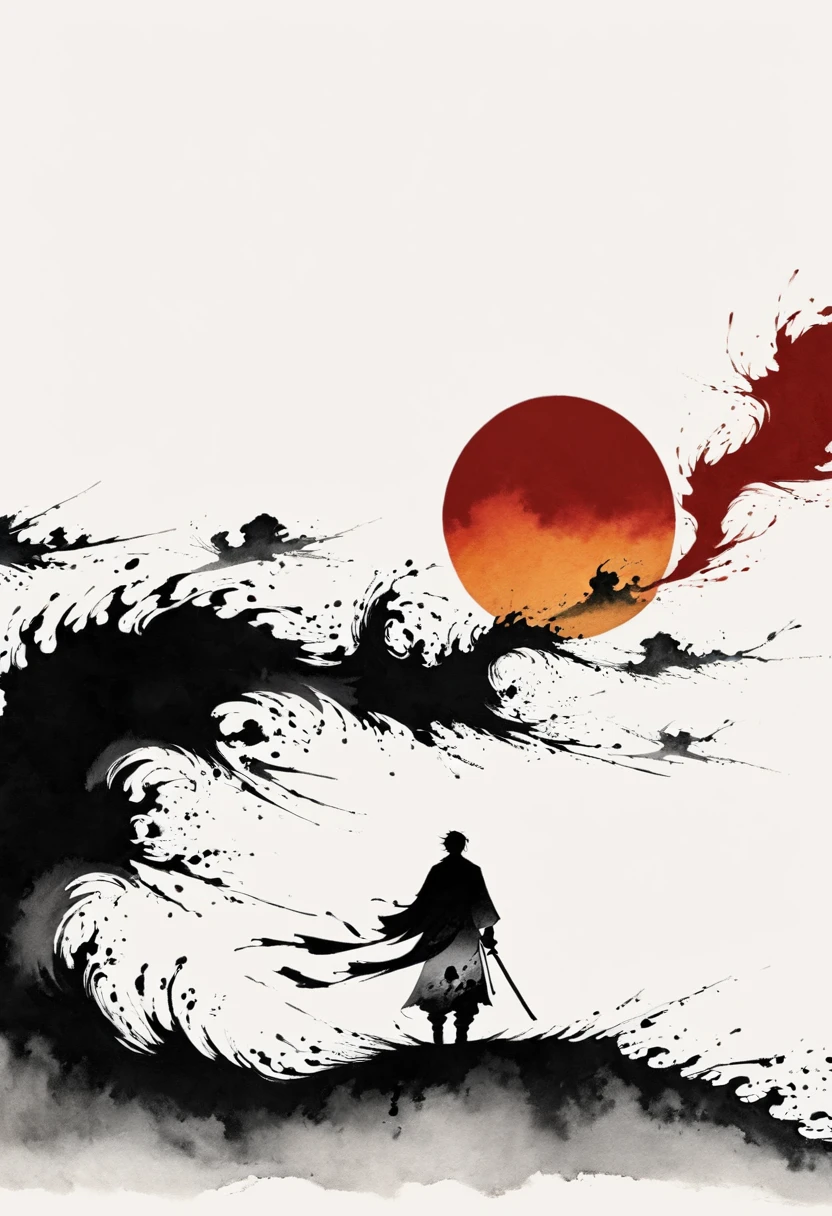 中国Ink Painting, Gray and White, Minimum,White background,The Trail, Minimalism,  Huge negative space, Ink Painting, Abstract，Blood-stained sunset，solitary Man