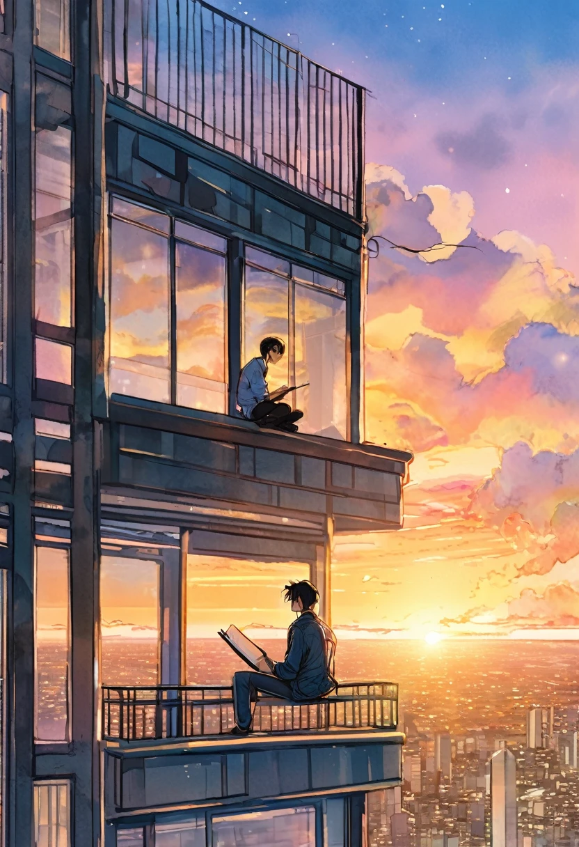 a man was sitting writing on top of a building, with a beautiful sunset sky., manga style manga style, digital art, by Marshall Arisman, cover illustration, 70mm, 7 0 mm, 70 mm, book cover illustration, by Brigette Barrager, album cover, novel cover art for a book, art concept for a book cover, cover art, 7 feet tall,