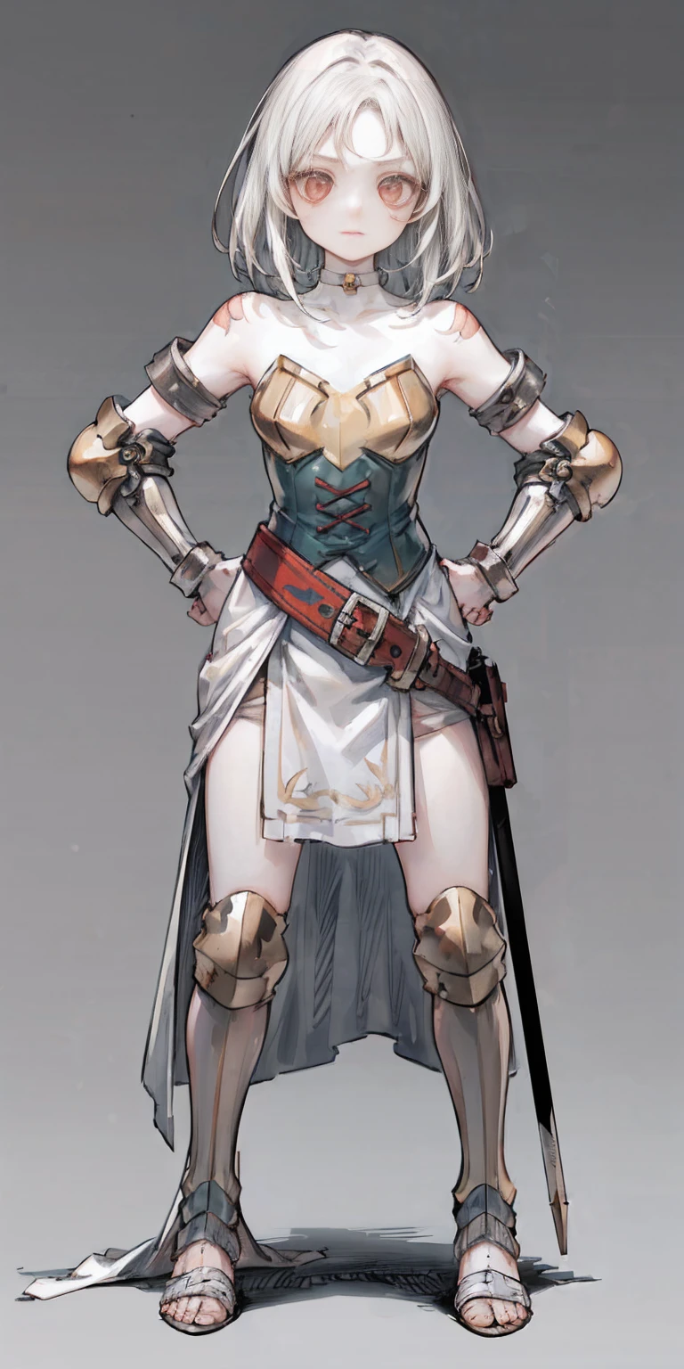 Subject:

1 Solo Female Gladiator
Pose:

Full body, whole body
Standing tall, hands on hips (conveying confidence)
Feet together, conveying a strong stance
View from slightly below, emphasizing her power
Clothing and Armor:

Loincloth (detailed and well-crafted, showcasing her warrior status)
Metal sandals, sturdy and battle-worn
Leather choker, adorned with a gladiator emblem or small spikes (optional)
Big belt, holding additional weapons or pouches (optional)
Bracers on forearms, for protection
Jewelry:

Tiara (can be simple and battle-ready, or adorned with feathers or gladiator symbols)
Additional Details:

Strong, defined muscles
Determined expression on her face
Optional: scars or other battle marks that tell a story of her victories